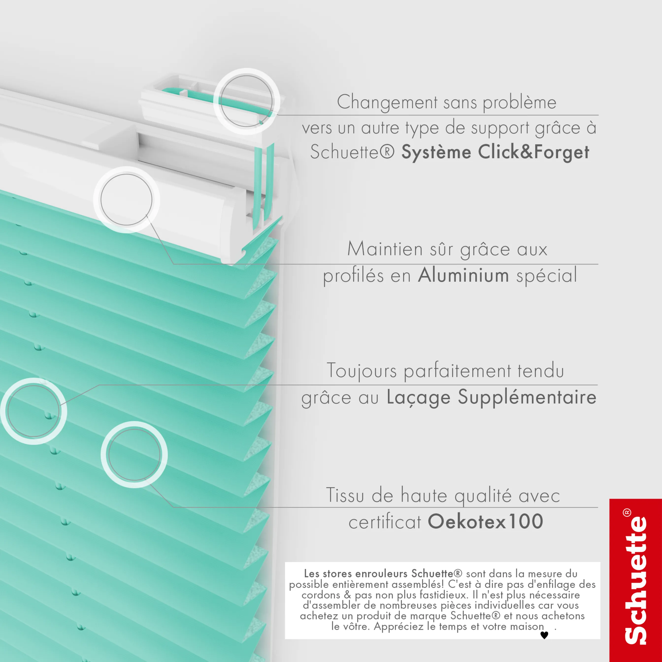 Schuette® Plissee ohne Bohren nach Maß • Suprafix Klemmhalter "X" • Thermo Kollektion: Tide Tune (Türkis) • Profilfarbe: Braun