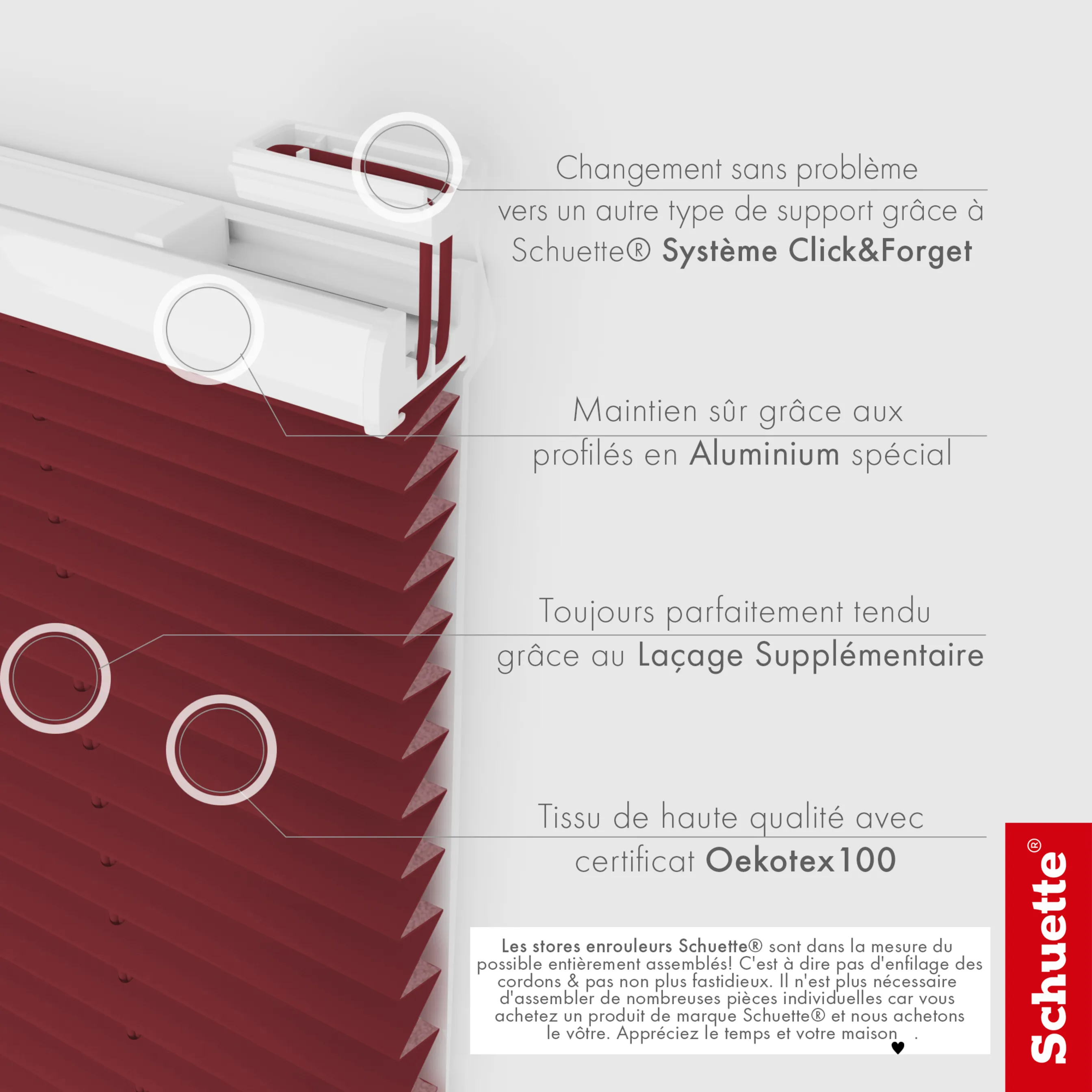 Schuette® Dachfenster Plissee nach Maß • Thermo Kollektion: Scarlet Wine (Rot) • Profilfarbe: Eiche