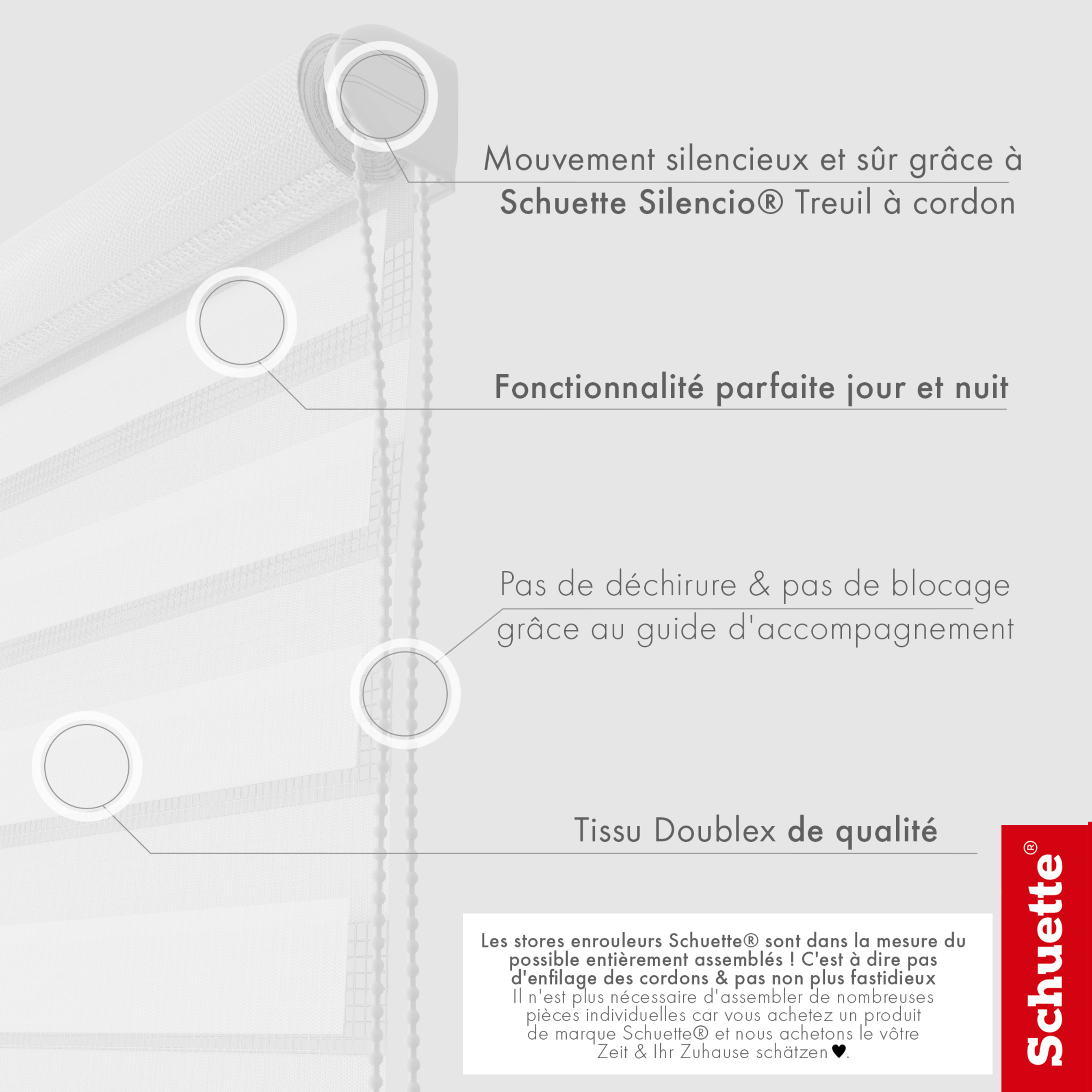 Schuette® Tag und Nacht Rollo ohne Bohren & mit Bohren 2in1 nach Maß • Doppelrollo Kollektion: White Snow (Weiß) • Profilfarbe: Schwarz