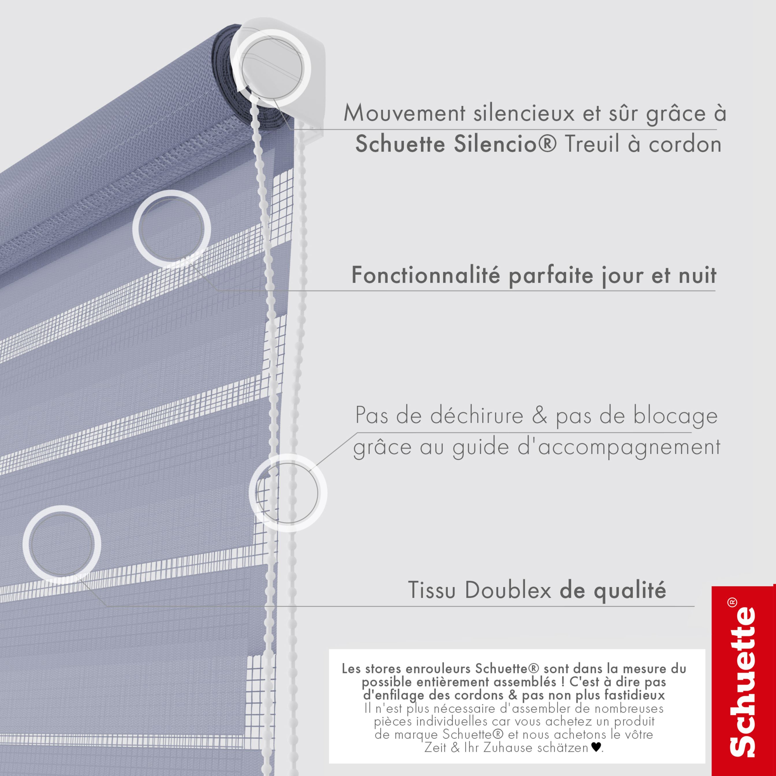 Schuette® Tag und Nacht Rollo ohne Bohren & mit Bohren 2in1 nach Maß • Doppelrollo Kollektion: Blooming Iris (Violett) • Profilfarbe: Weiß