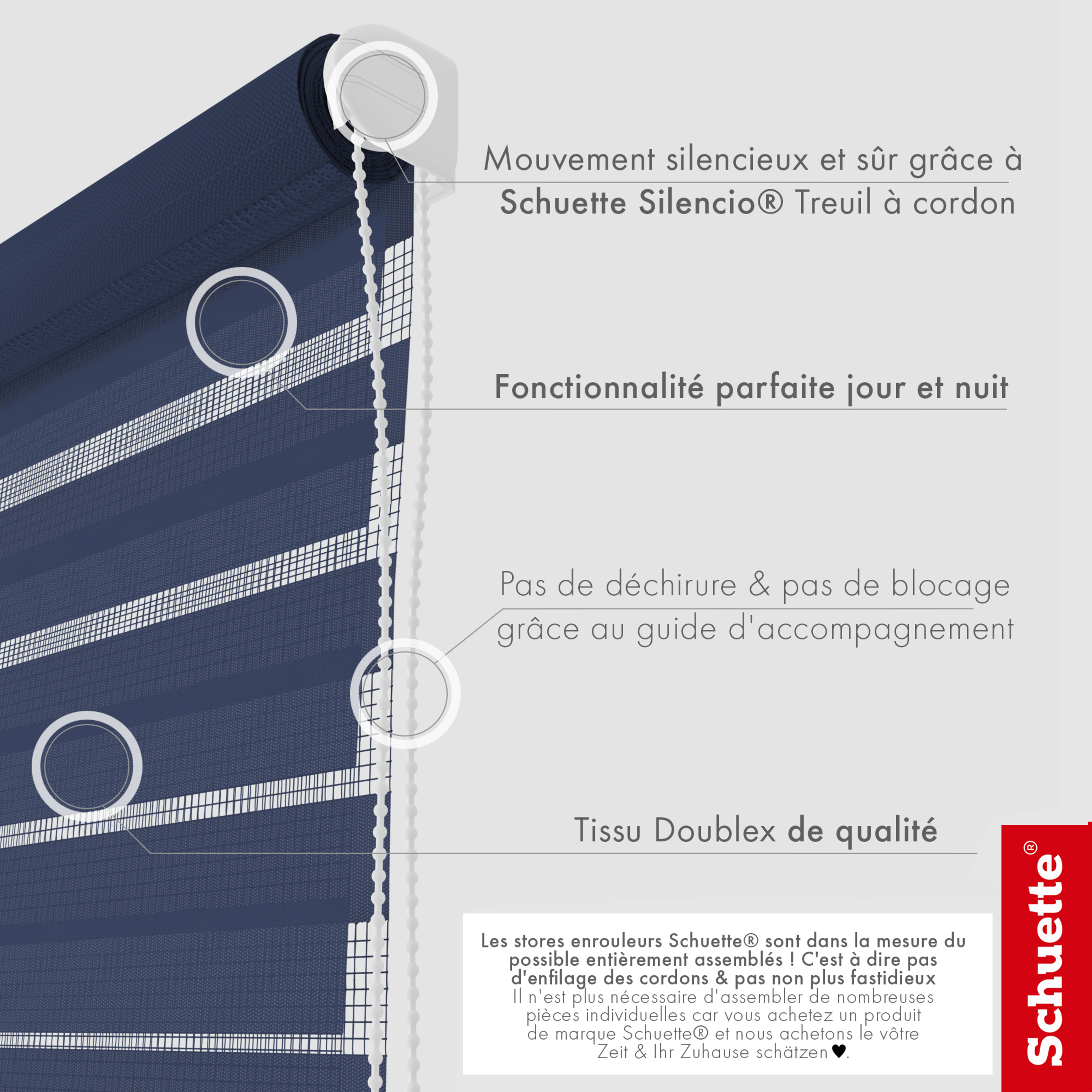 Schuette® Tag und Nacht Rollo ohne Bohren & mit Bohren 2in1 nach Maß • Doppelrollo Kollektion: Azure Coast (Dunkelblau) • Profilfarbe: Schwarz