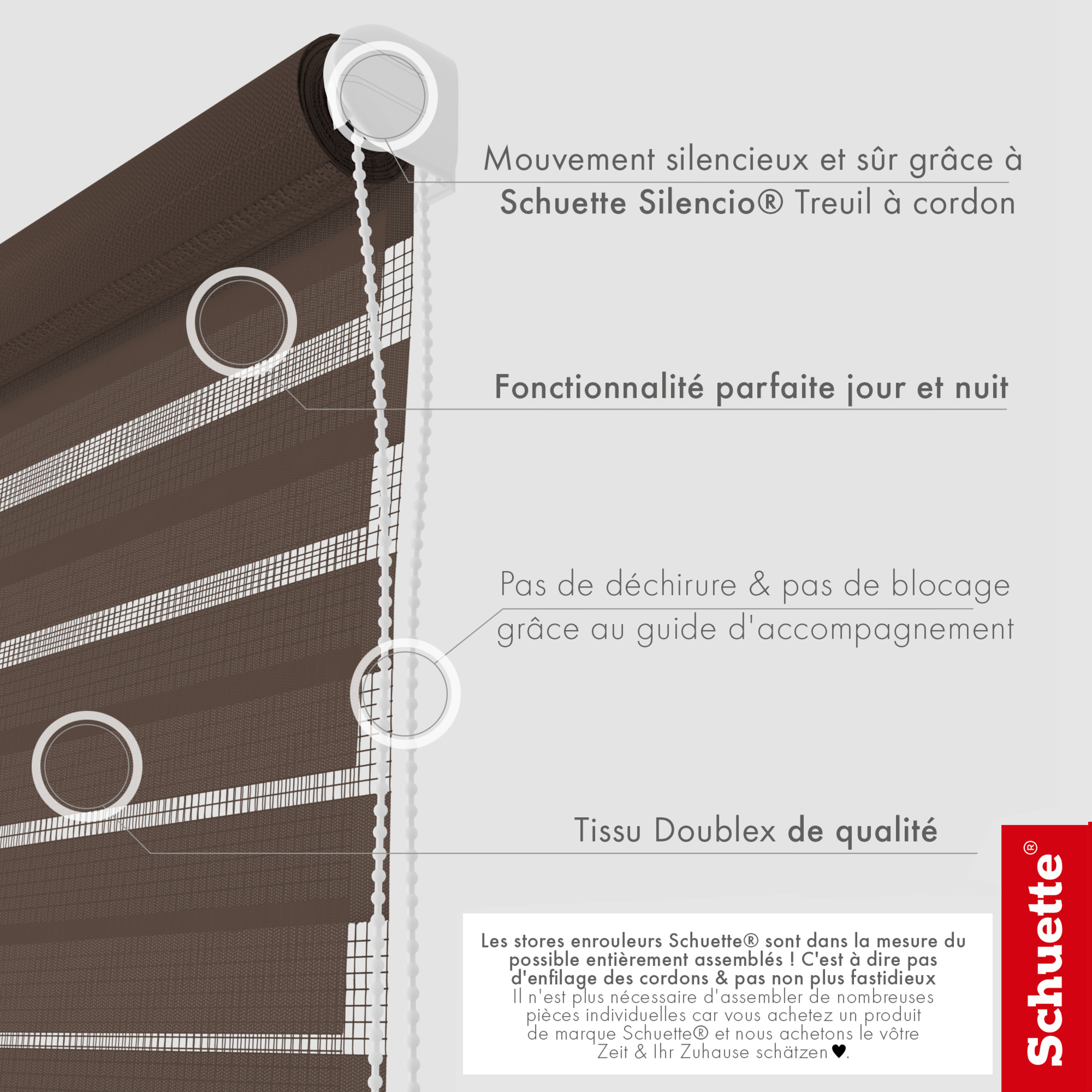 Schuette® Tag und Nacht Rollo ohne Bohren & mit Bohren 2in1 nach Maß • Doppelrollo Kollektion: Dark Cocoa (Braun) • Profilfarbe: Weiß