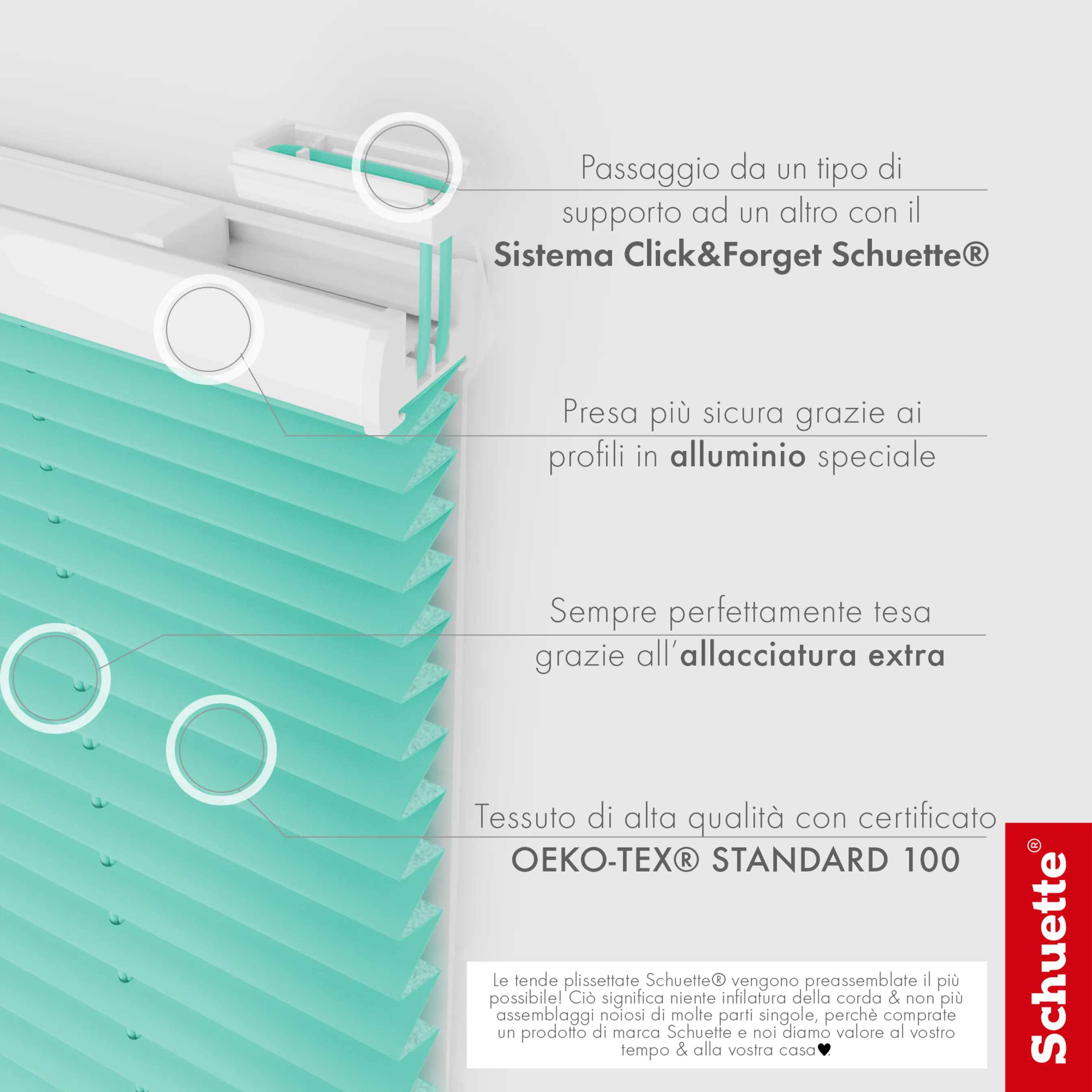 Schuette® Plissee ohne Bohren nach Maß • Suprafix Halterung “Zum Kleben” • Thermo Kollektion: Tide Tune (Türkis) • Profilfarbe: Eiche