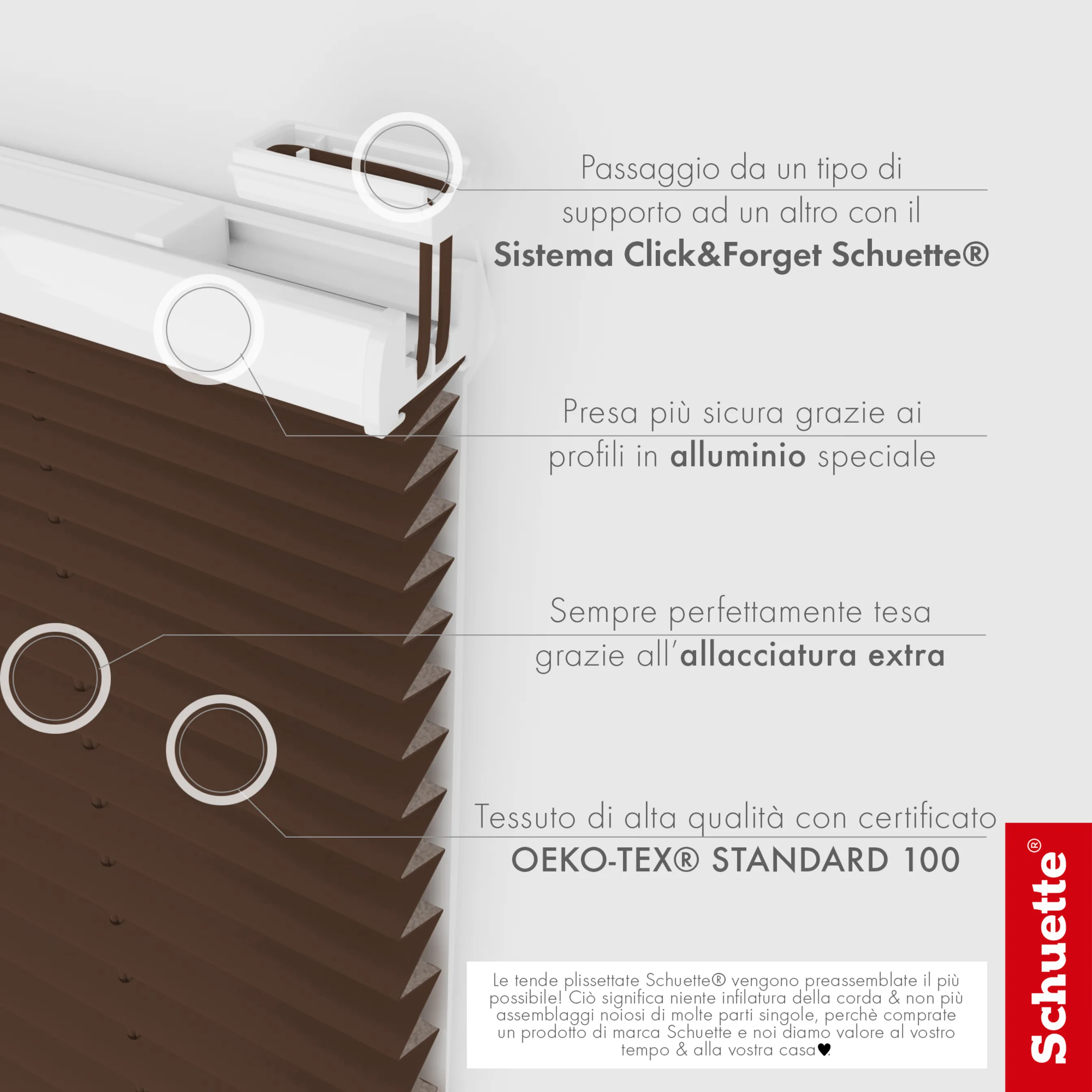 Schuette® Plissee mit Bohren nach Maß • Suprafix "Double 2in1" Schraub- & Klemmhalter • Thermo Kollektion: Toffee (Dunkelbraun) • Profilfarbe: Eiche