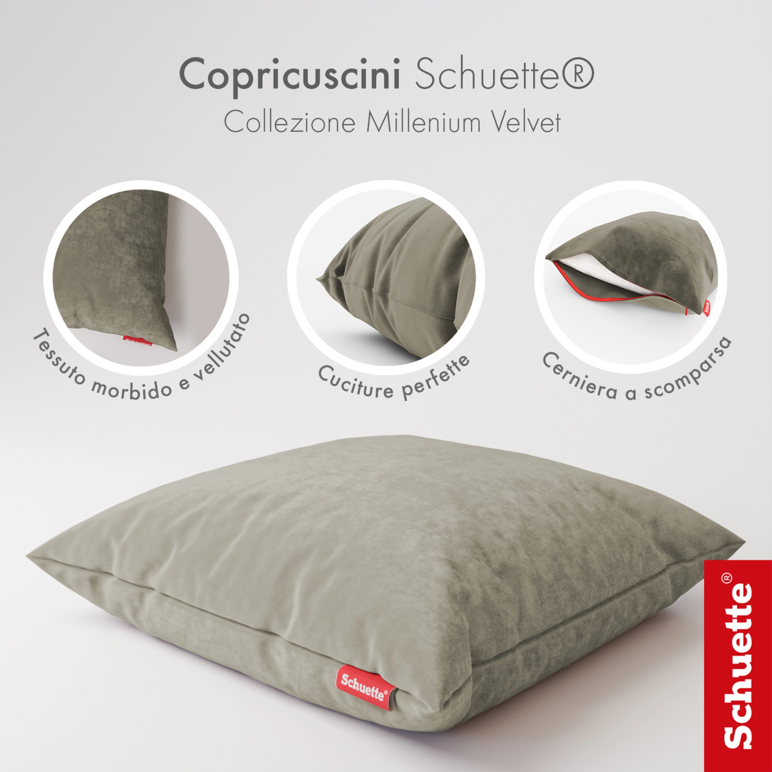 Schuette® Dekorativer Kissenbezug aus Samt mit verdecktem Reißverschluss • Millenium Velvet Kollektion: Grey Goose (Beige) • Knitterfrei • Kuschelweich