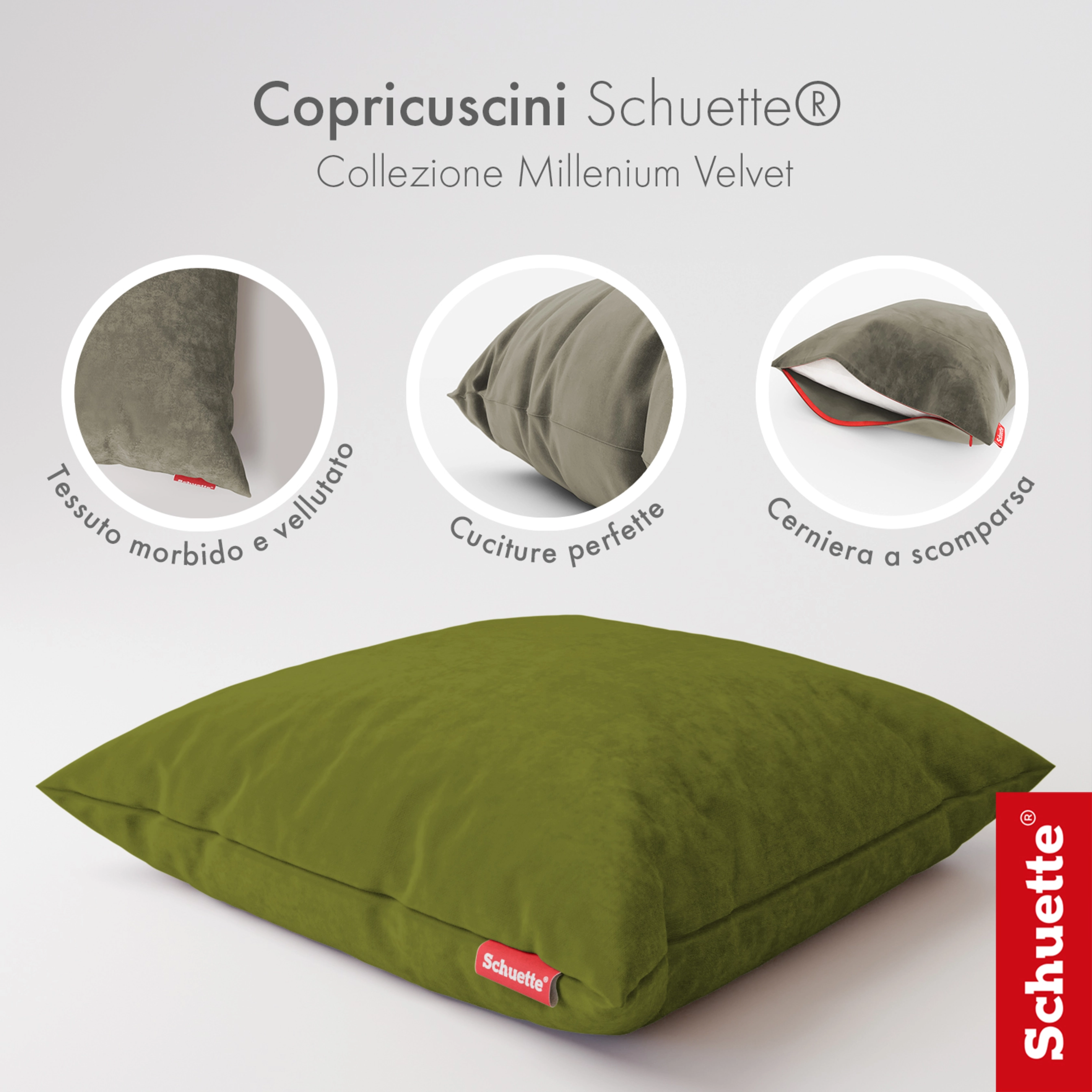 Schuette® Dekorativer Kissenbezug aus Samt mit verdecktem Reißverschluss • Millenium Velvet Kollektion: Olives Garden (Green) • Knitterfrei • Kuschelweich