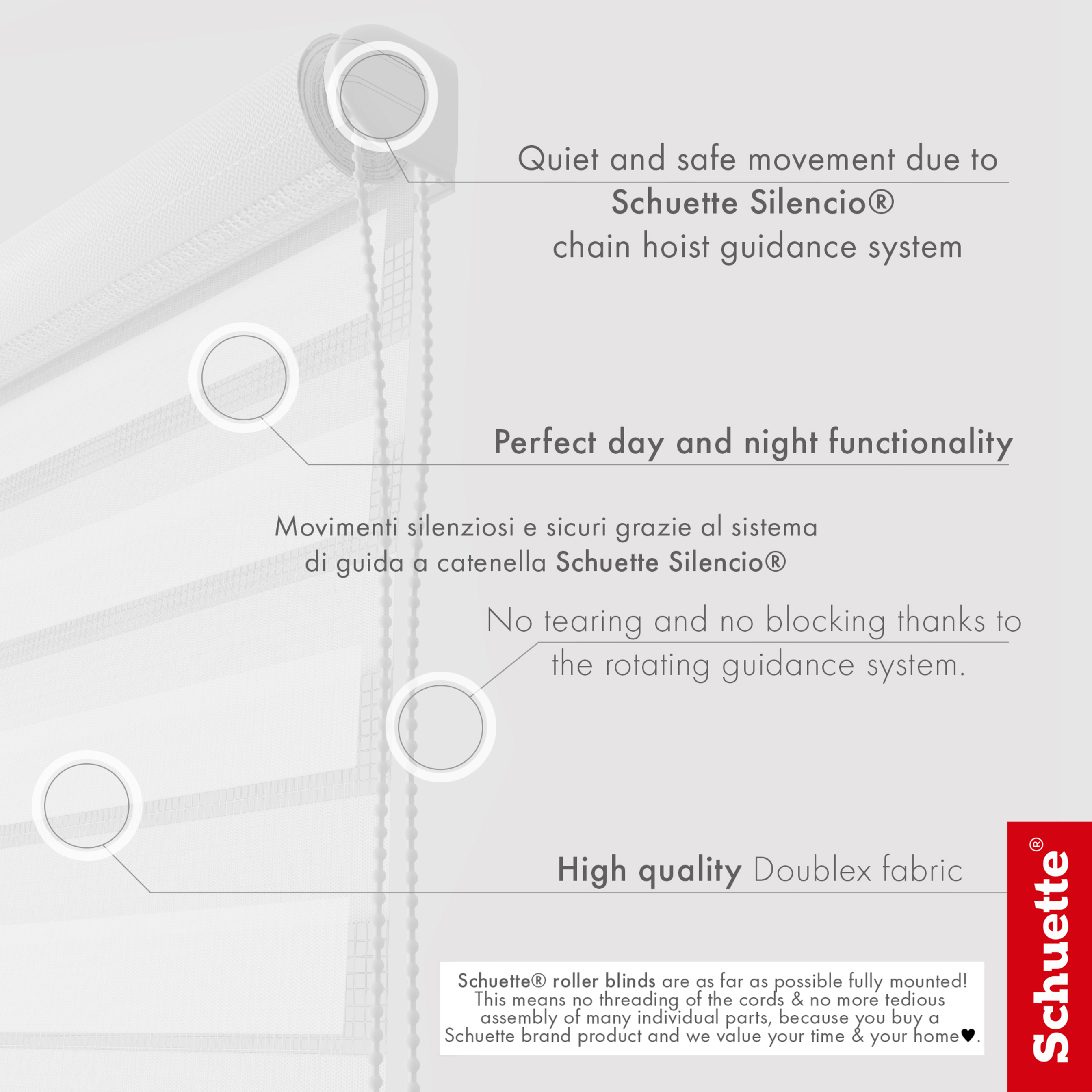 Schuette® Tag und Nacht Rollo ohne Bohren & mit Bohren 2in1 nach Maß • Doppelrollo Kollektion: White Snow (Weiß) • Profilfarbe: Grau