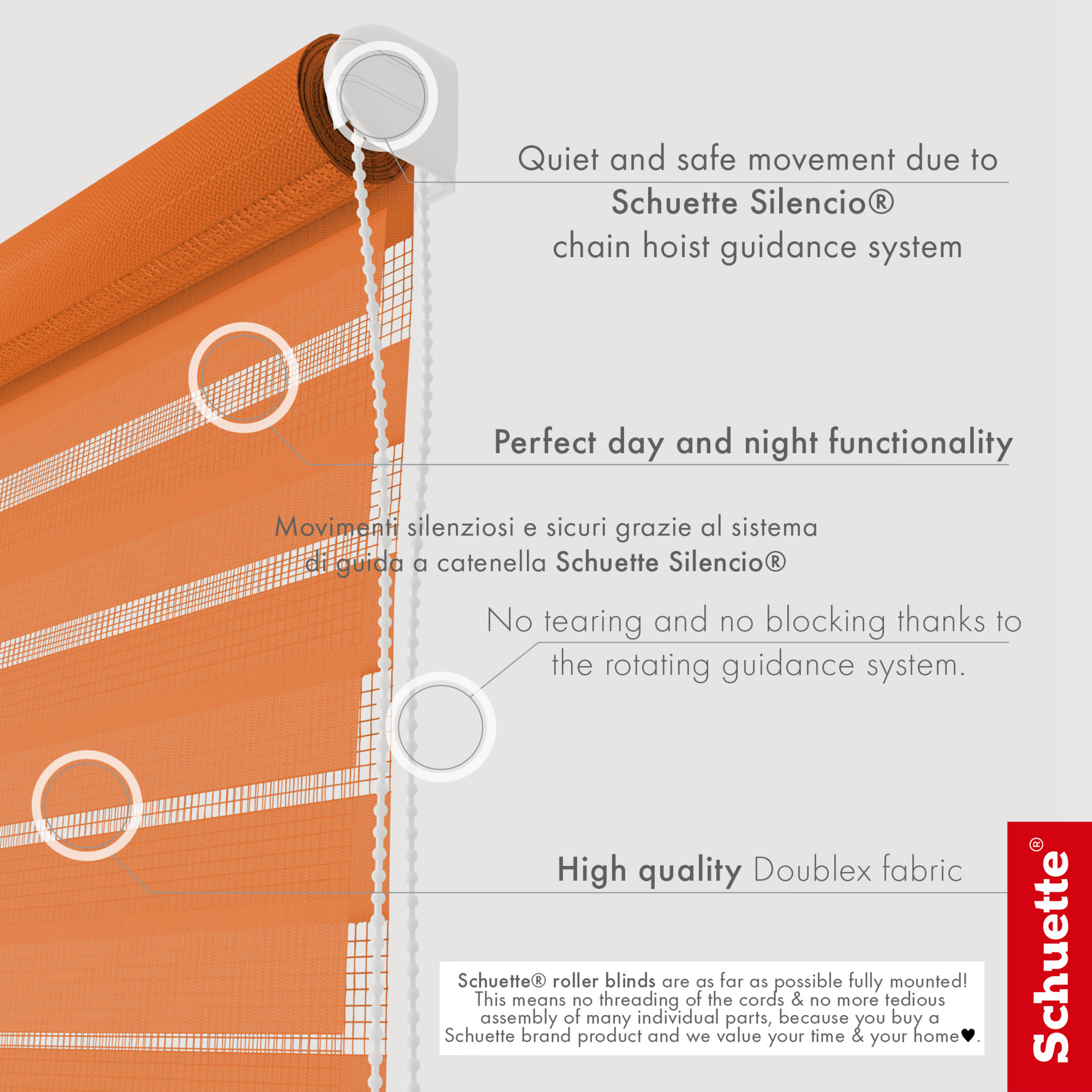 Schuette® Tag und Nacht Rollo ohne Bohren & mit Bohren 2in1 nach Maß • Doppelrollo Kollektion: Sweet Orange (Orange) • Profilfarbe: Weiß