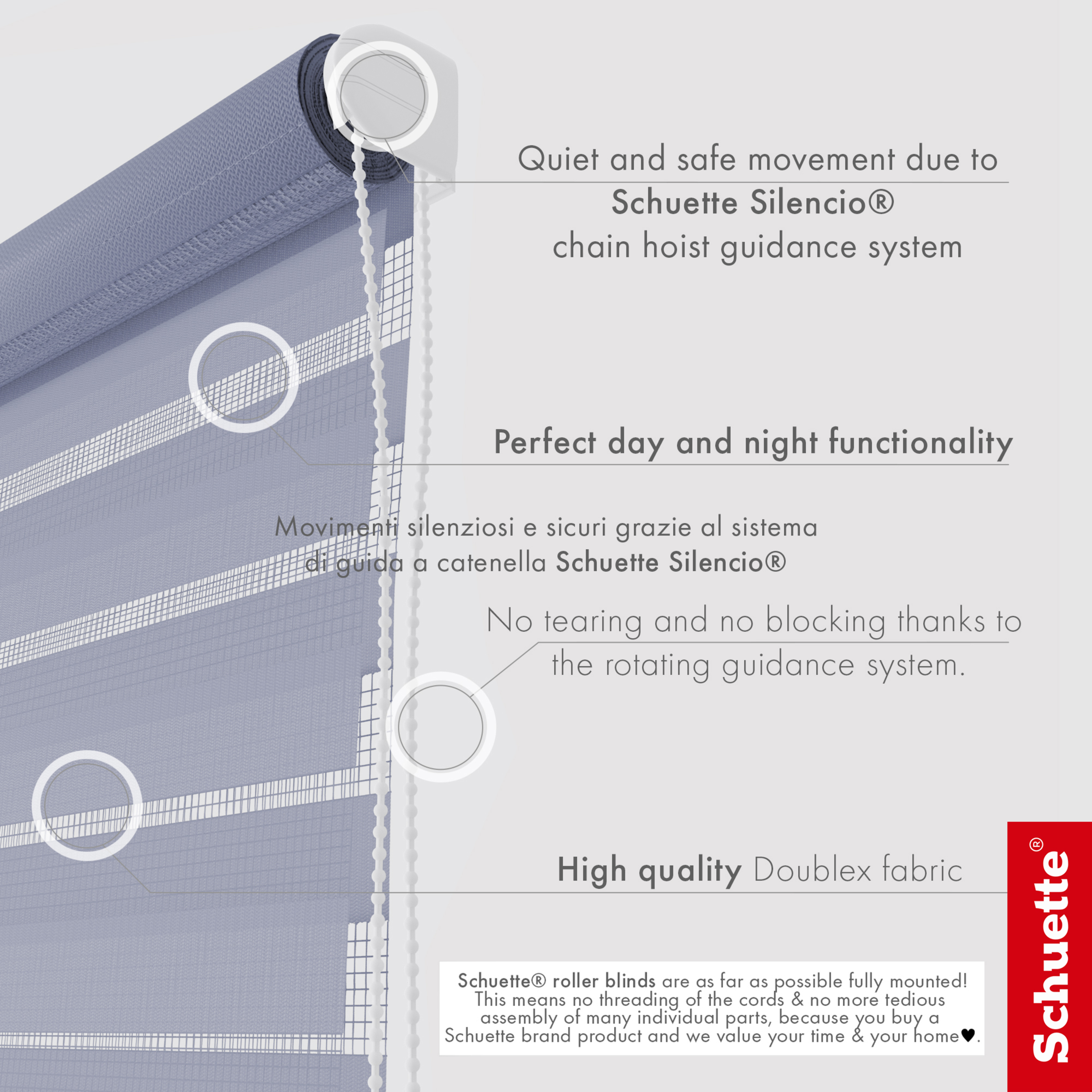 Schuette® Tag und Nacht Rollo ohne Bohren & mit Bohren 2in1 nach Maß • Doppelrollo Kollektion: Blooming Iris (Violett) • Profilfarbe: Weiß