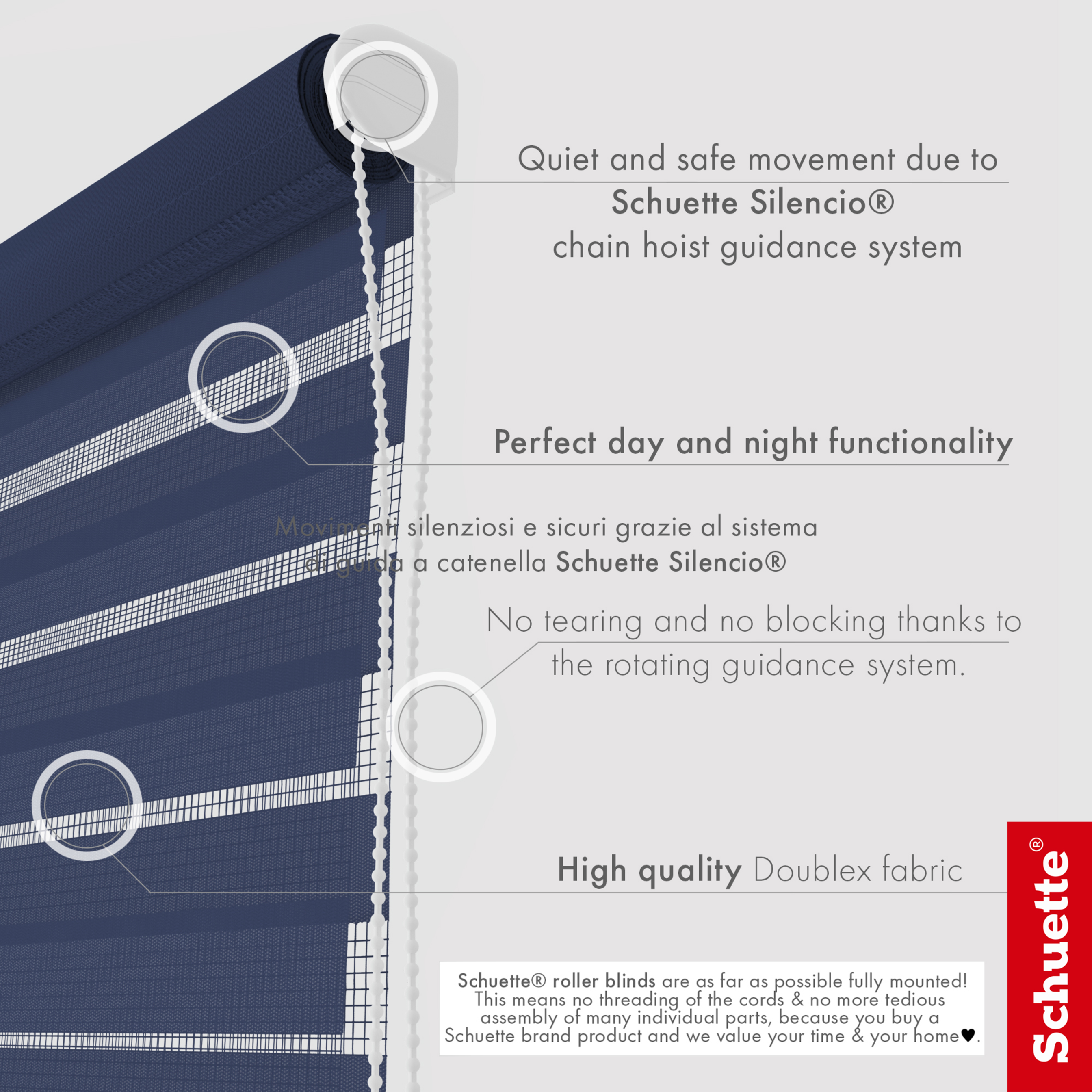 Schuette® Tag und Nacht Rollo ohne Bohren & mit Bohren 2in1 nach Maß • Doppelrollo Kollektion: Azure Coast (Dunkelblau) • Profilfarbe: Weiß