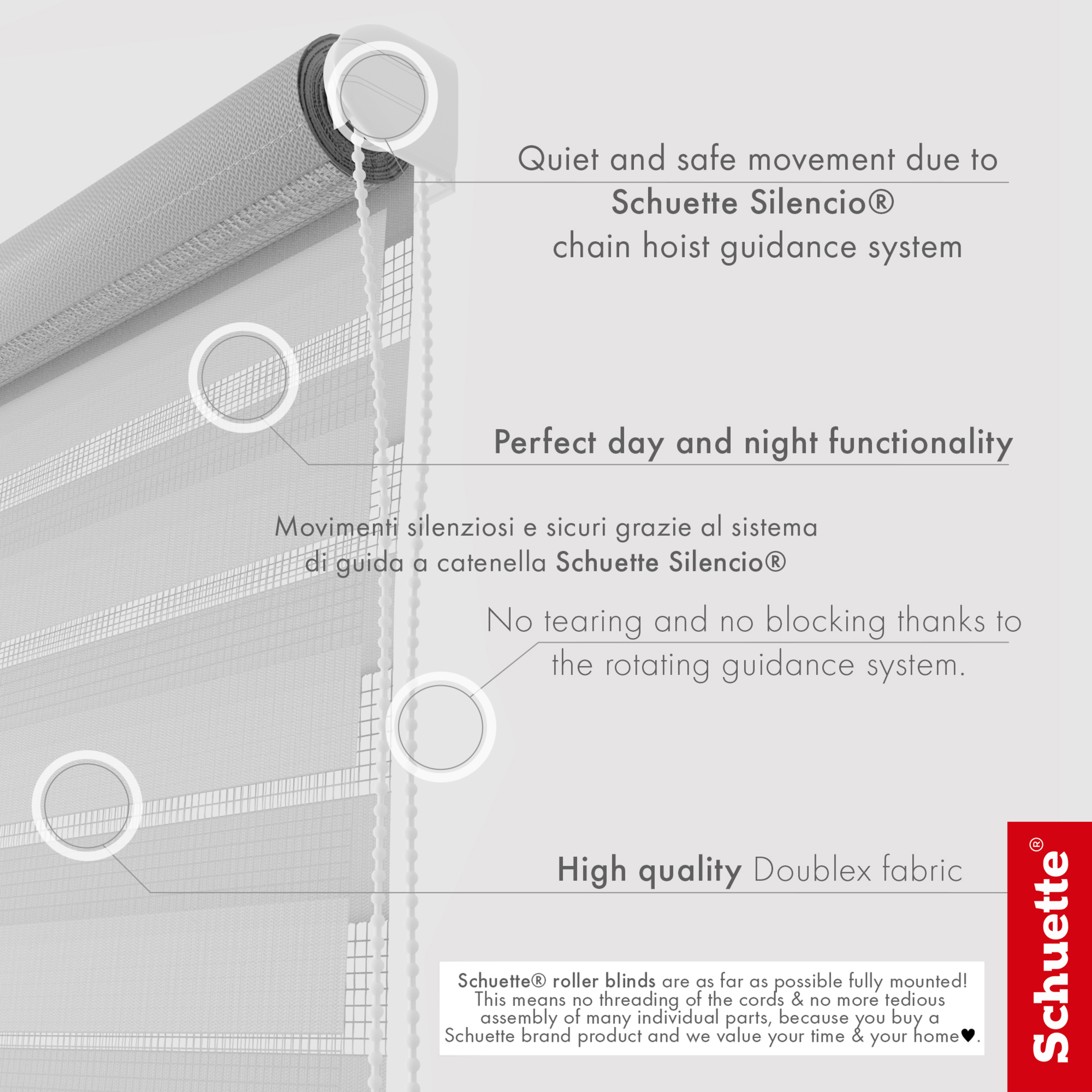 Schuette® Tag und Nacht Rollo ohne Bohren & mit Bohren 2in1 nach Maß • Doppelrollo Kollektion: Cloudy Day (Grau) • Profilfarbe: Weiß