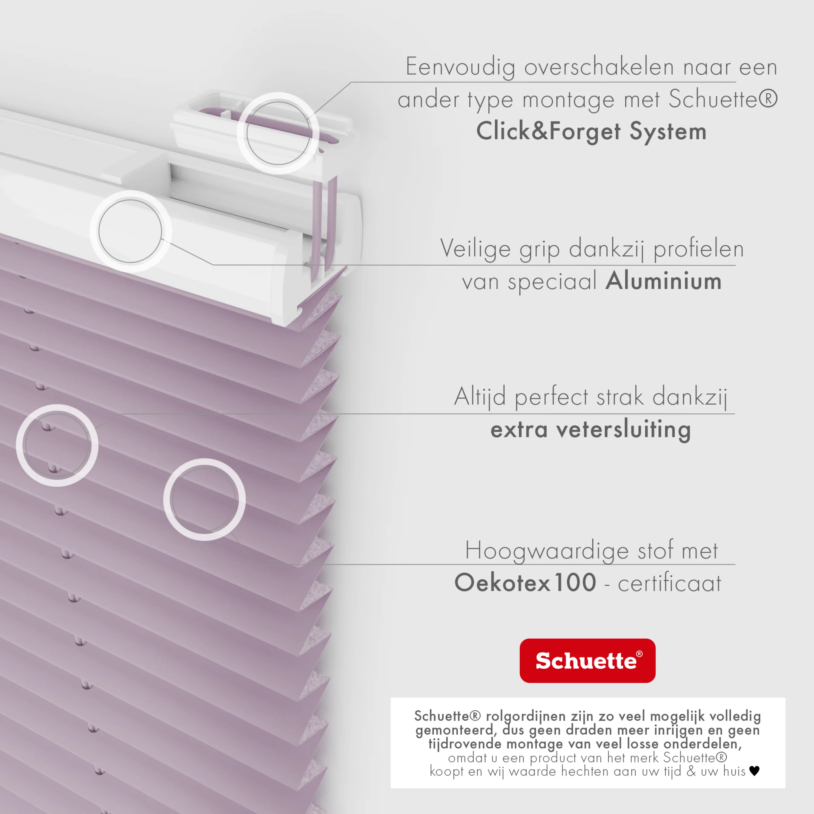 Schuette® Plissee ohne Bohren nach Maß • Suprafix Klemmhalter “Incognito X" • Thermo Kollektion: Pastel Grape (lila) • Profilfarbe: Eiche