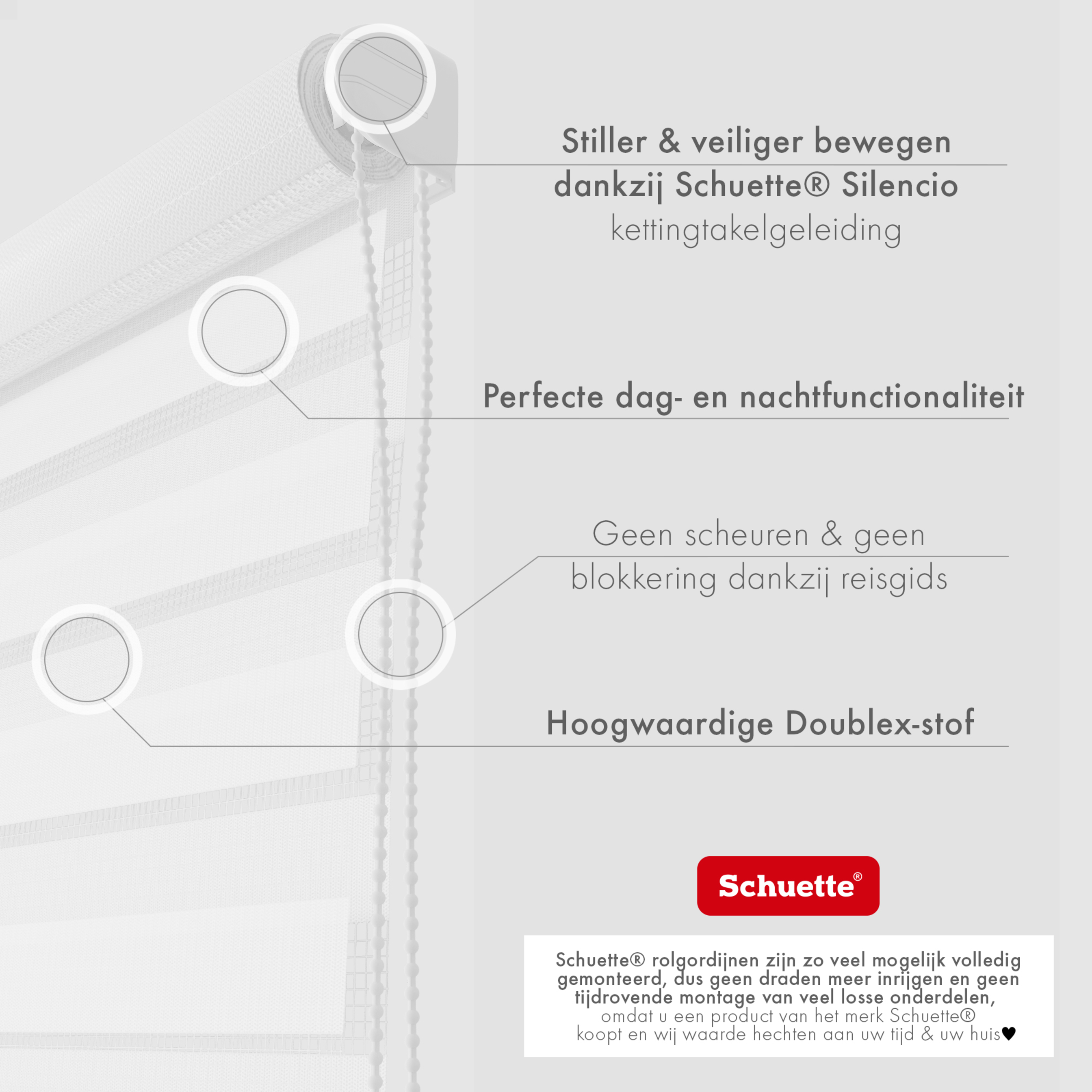 Schuette® Tag und Nacht Rollo ohne Bohren & mit Bohren 2in1 nach Maß • Doppelrollo Kollektion: White Snow (Weiß) • Profilfarbe: Braun