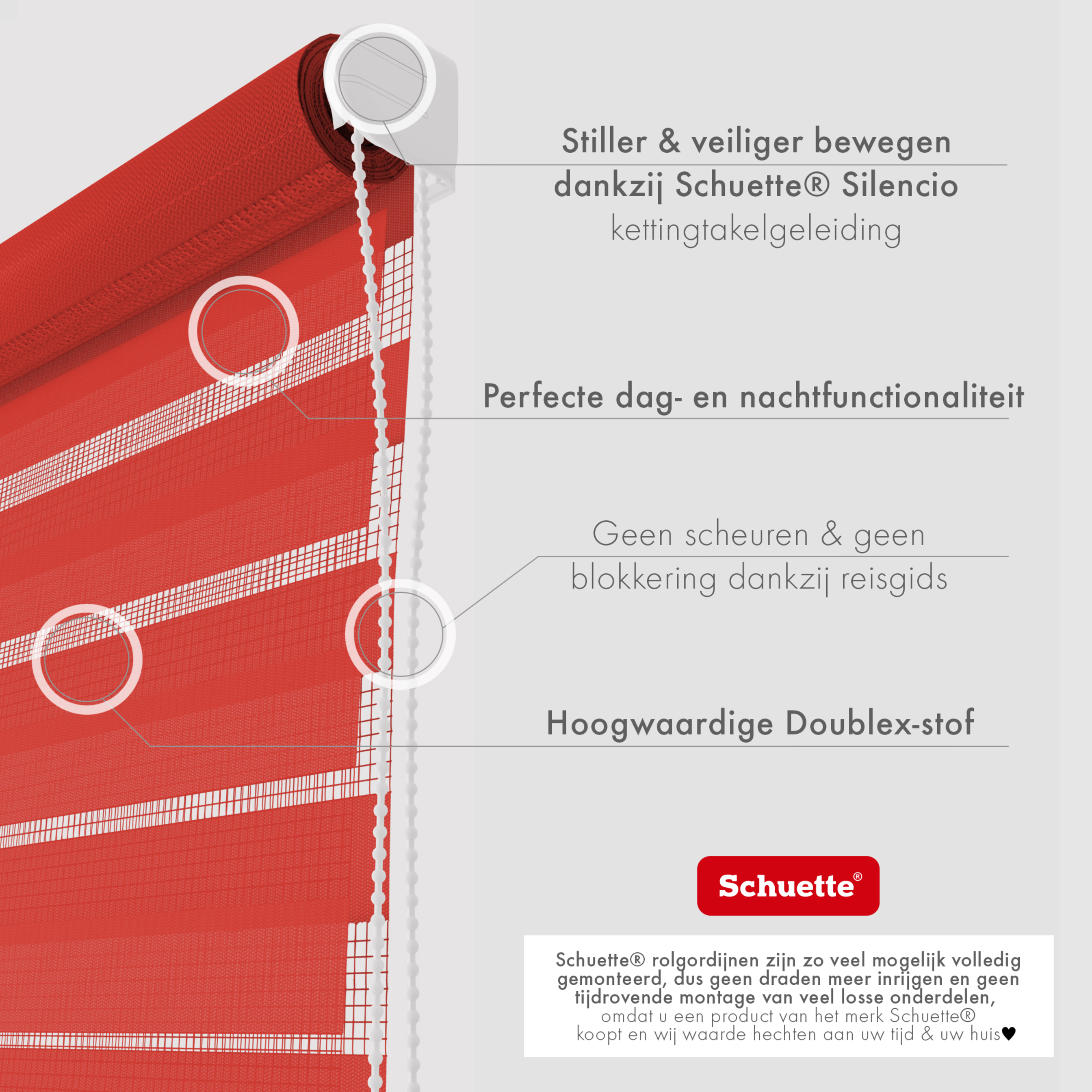 Schuette® Tag und Nacht Rollo ohne Bohren & mit Bohren 2in1 nach Maß • Doppelrollo Kollektion: Red Rose (Rot) • Profilfarbe: Braun