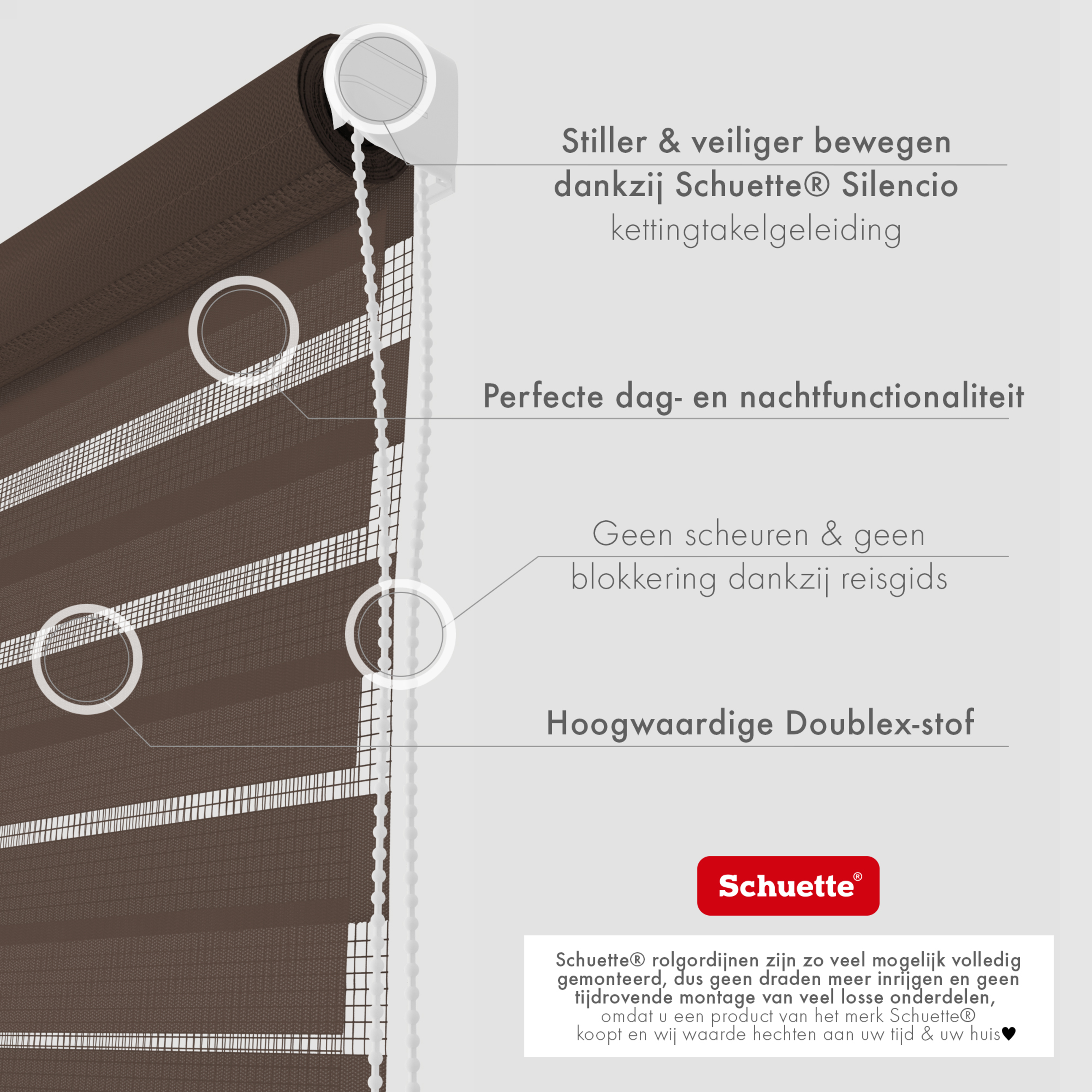 Schuette® Tag und Nacht Rollo ohne Bohren & mit Bohren 2in1 nach Maß • Doppelrollo Kollektion: Dark Cocoa (Braun) • Profilfarbe: Weiß