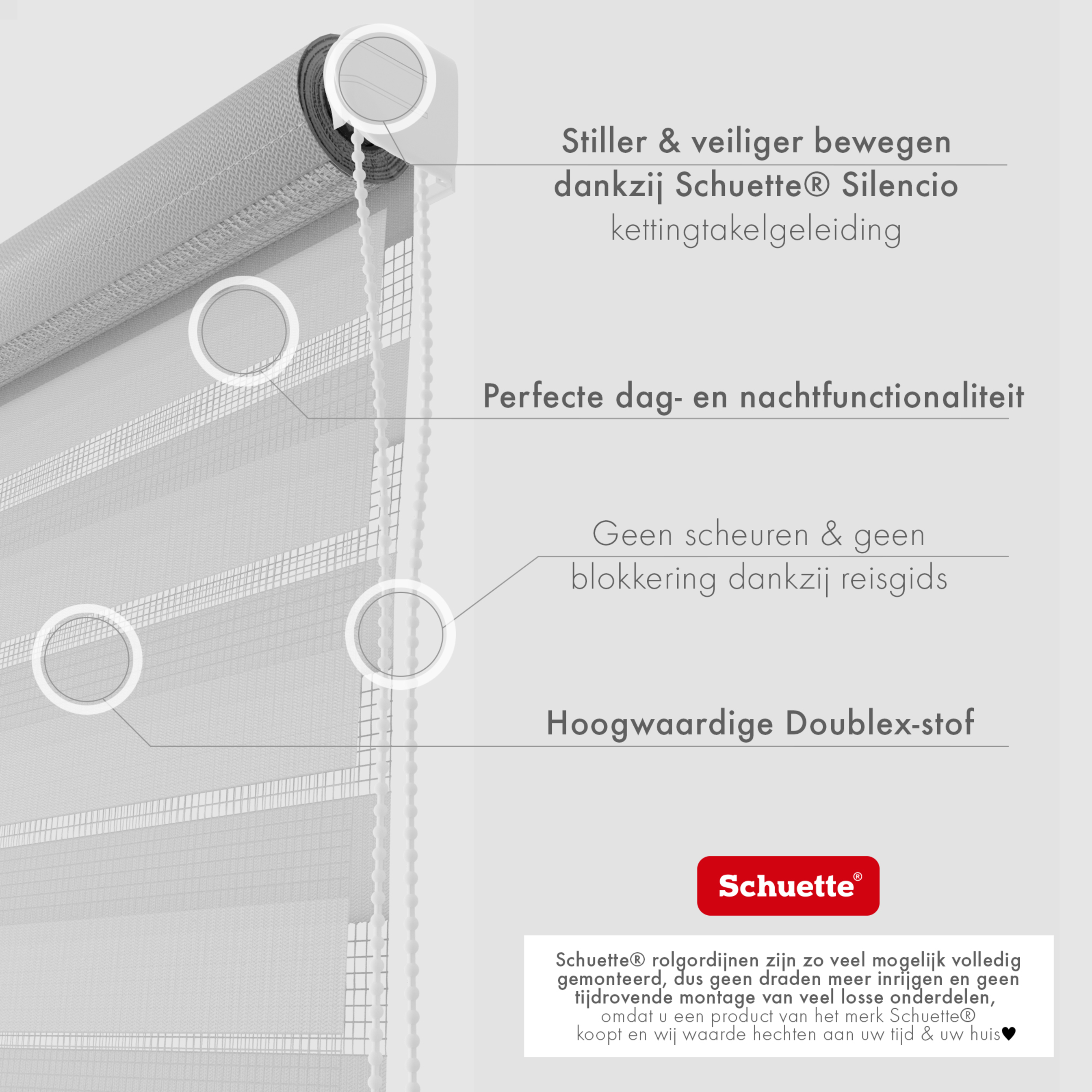 Schuette® Tag und Nacht Rollo ohne Bohren & mit Bohren 2in1 nach Maß • Doppelrollo Kollektion: Cloudy Day (Grau) • Profilfarbe: Braun