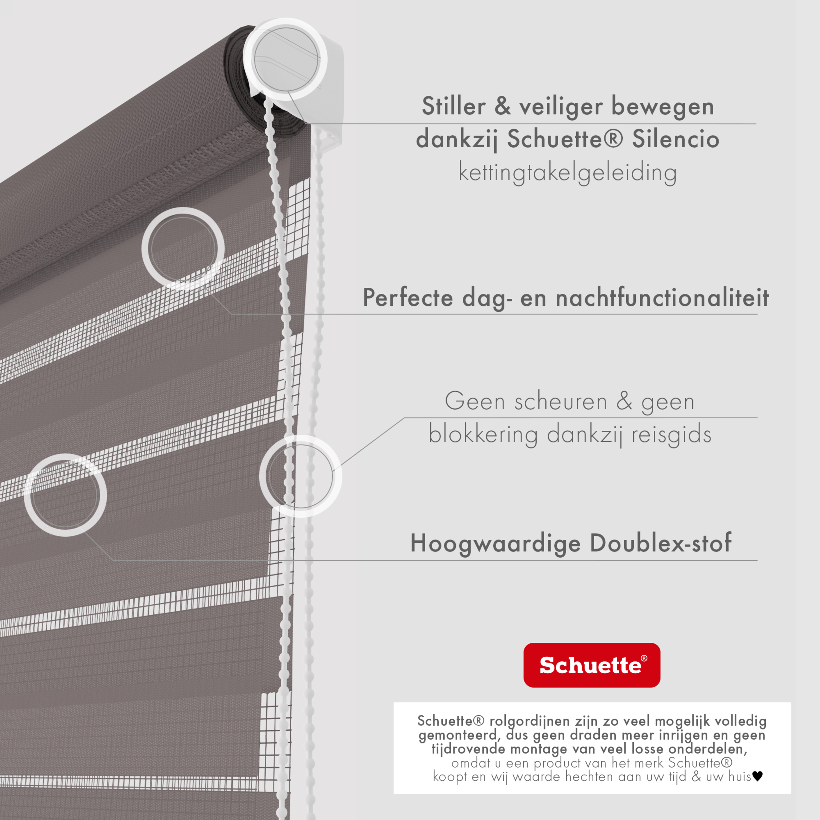 Schuette® Tag und Nacht Rollo ohne Bohren & mit Bohren 2in1 nach Maß • Doppelrollo Kollektion: Grey Lead (Grau) • Profilfarbe: Braun