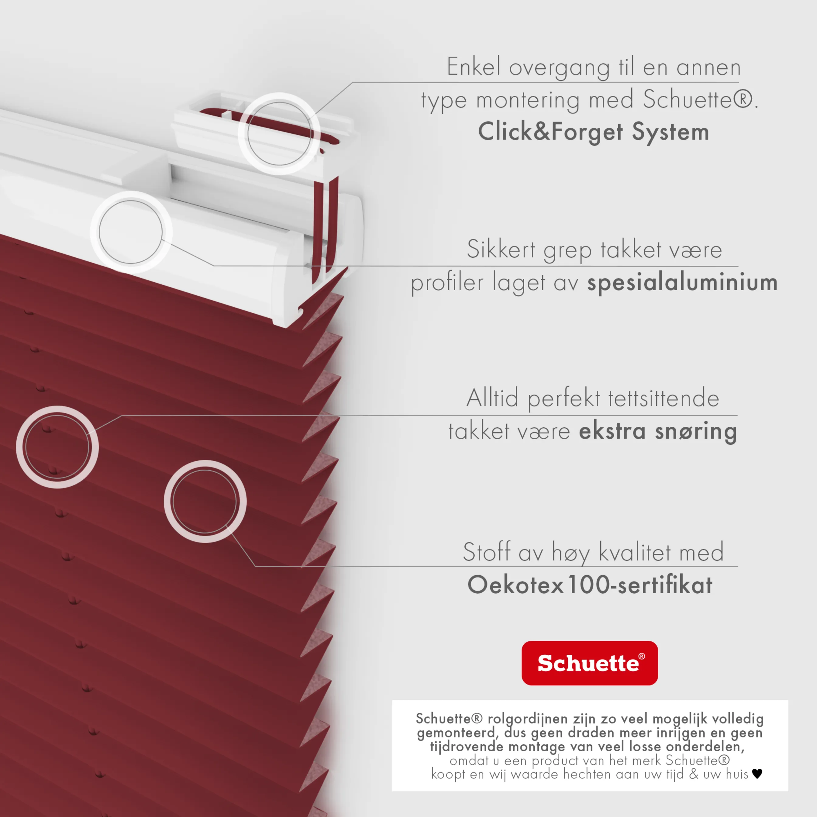 Schuette® Plissee ohne Bohren nach Maß • Suprafix Klemmhalter "X" • Thermo Kollektion: Scarlet Wine (Rot) • Profilfarbe: Eiche