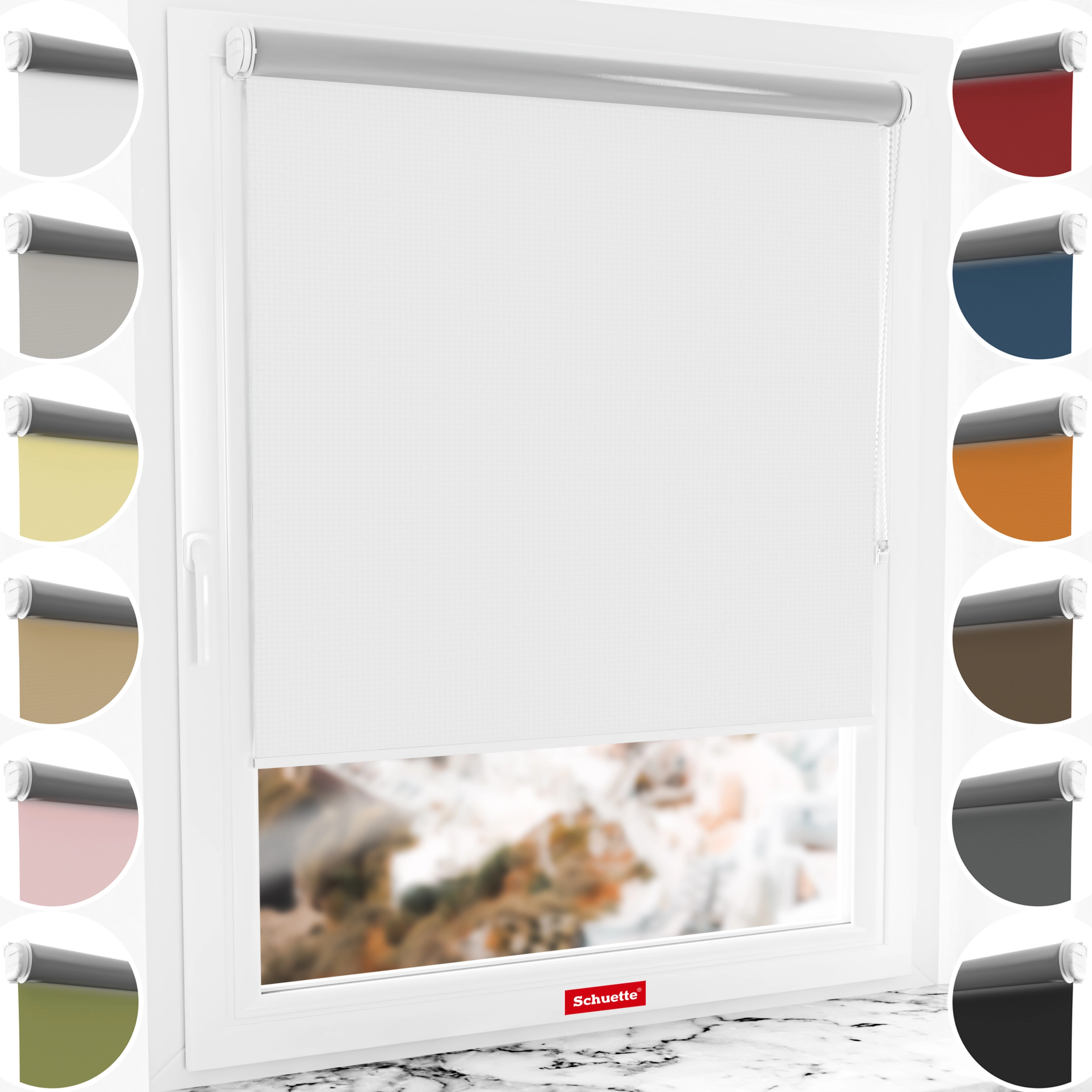 Schuette® Verdunkelungsrollo ohne Bohren & mit Bohren 2in1 nach Maß ● Kollektion Thermo Blackout: Snowflake (Weiß) ● Profilfarbe: Braun