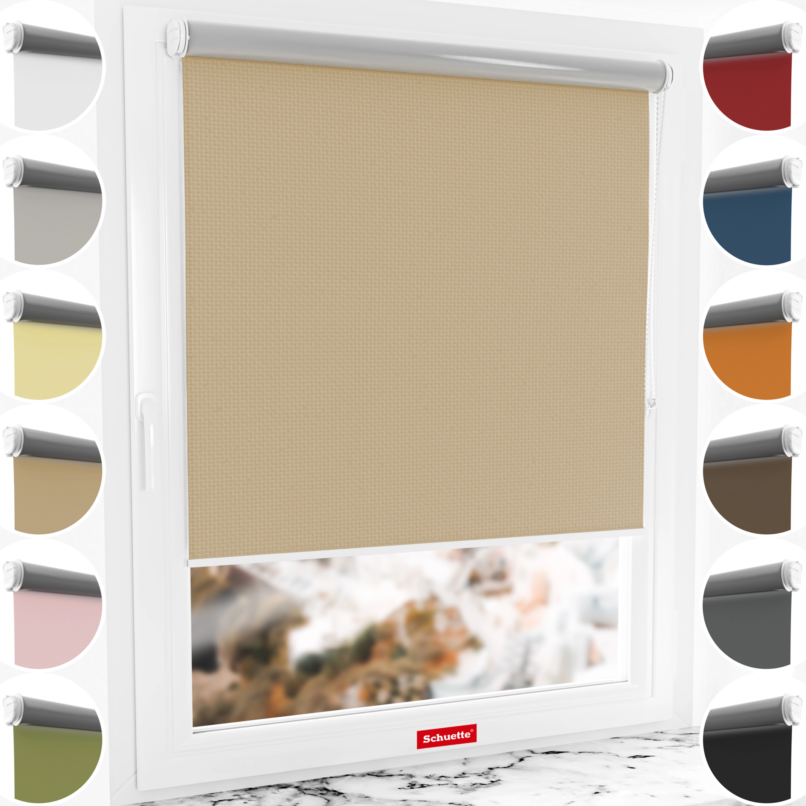 Schuette® Verdunkelungsrollo ohne Bohren & mit Bohren 2in1 nach Maß ● Kollektion Thermo Blackout: Biscotto (Beige) ● Profilfarbe: Grau