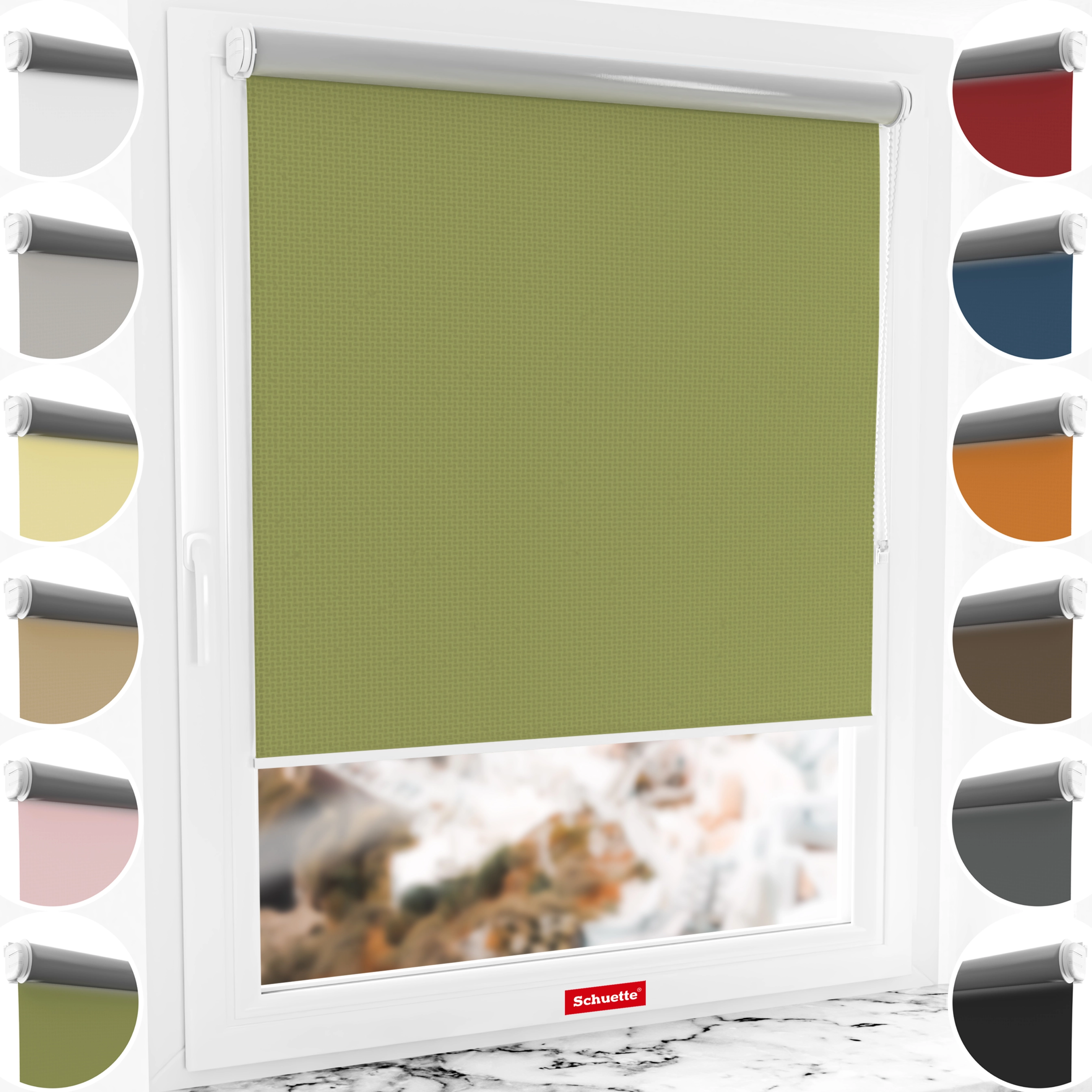 Schuette® Verdunkelungsrollo ohne Bohren & mit Bohren 2in1 nach Maß ● Kollektion Thermo Blackout: European Olive (Grün) ● Profilfarbe: Schwarz