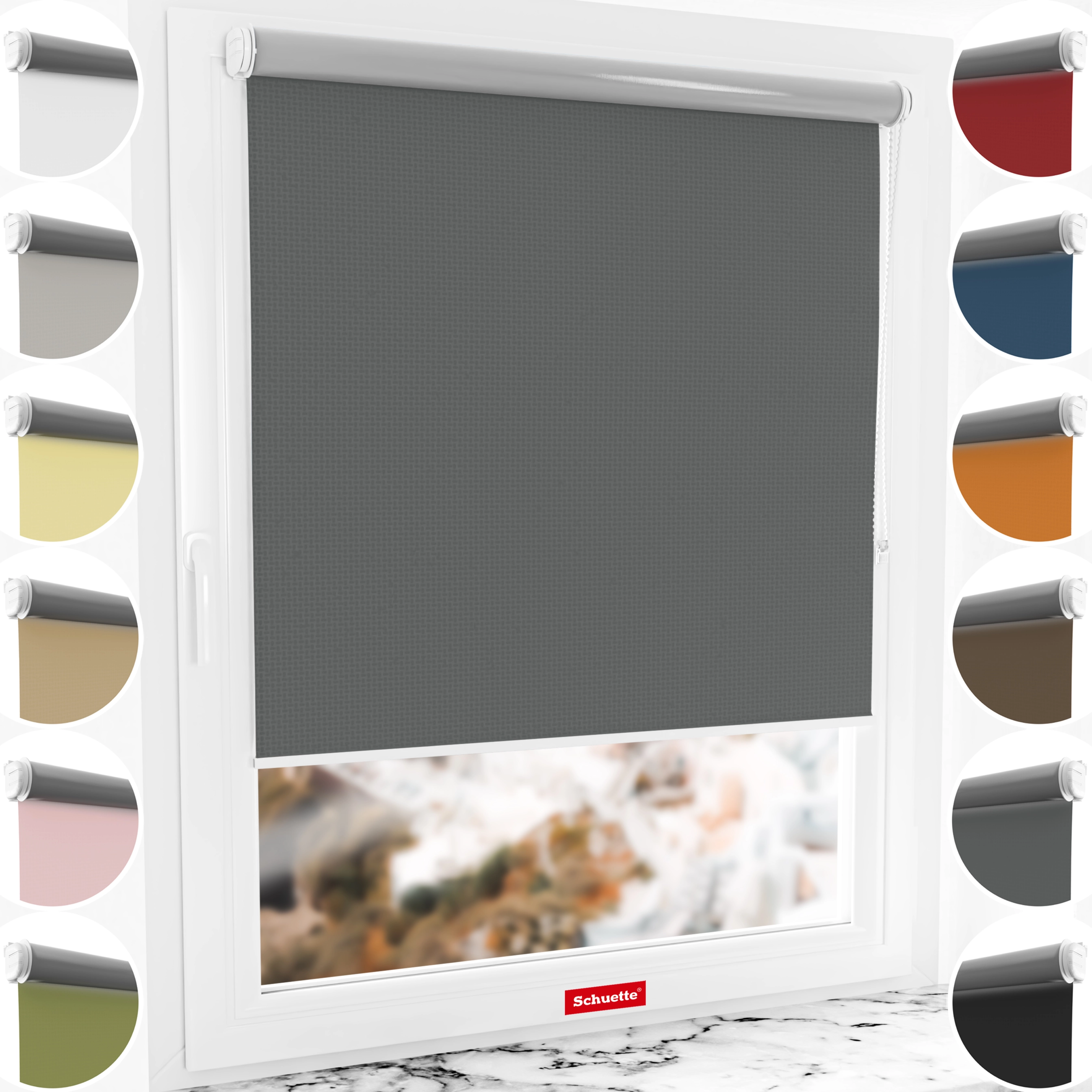 Schuette® Verdunkelungsrollo ohne Bohren & mit Bohren 2in1 nach Maß ● Kollektion Thermo Blackout: Shadow Grey (Grau) ● Profilfarbe: Braun