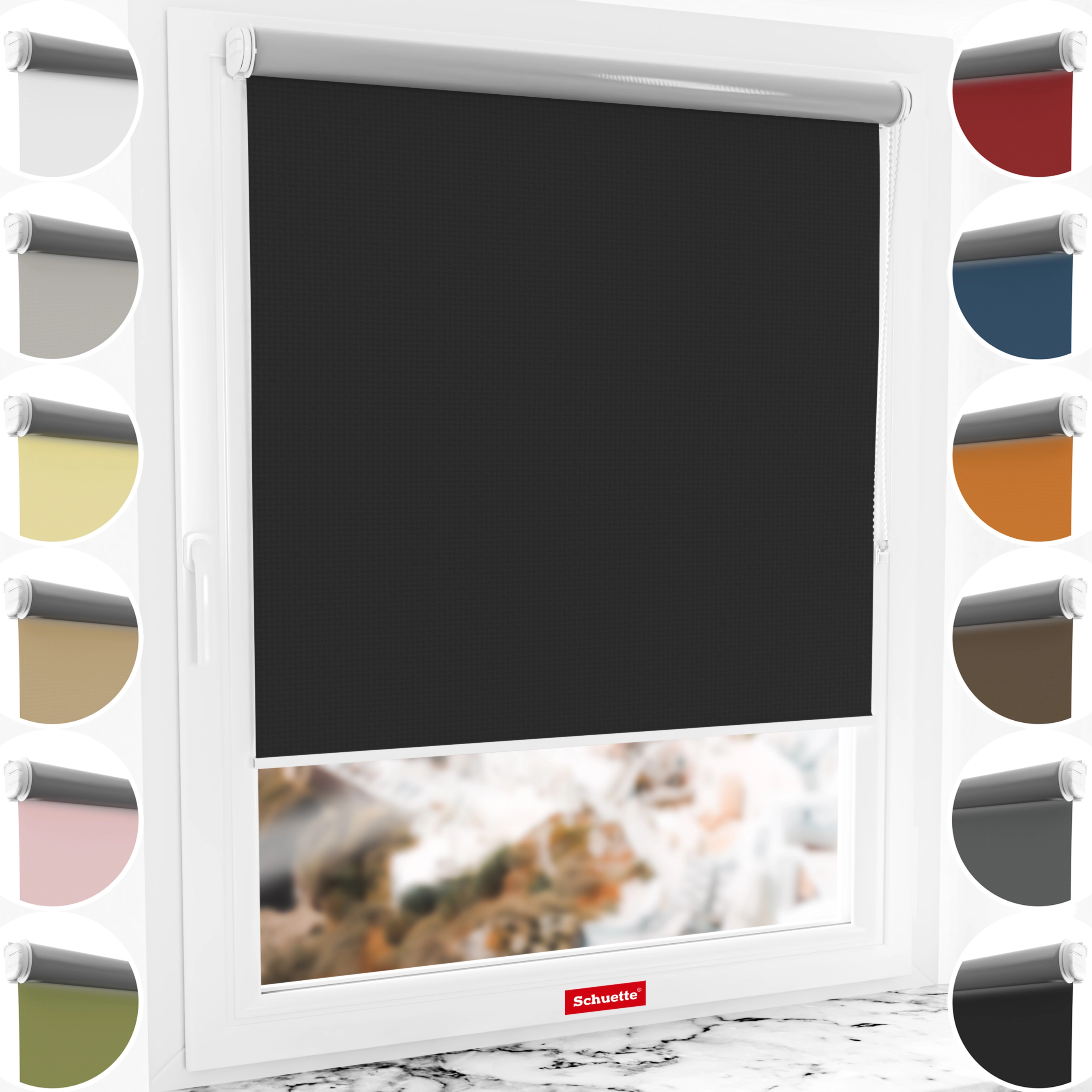 Schuette® Verdunkelungsrollo ohne Bohren & mit Bohren 2in1 nach Maß ● Kollektion Thermo Blackout: Onyx Stone (Schwarz) ● Profilfarbe: Braun