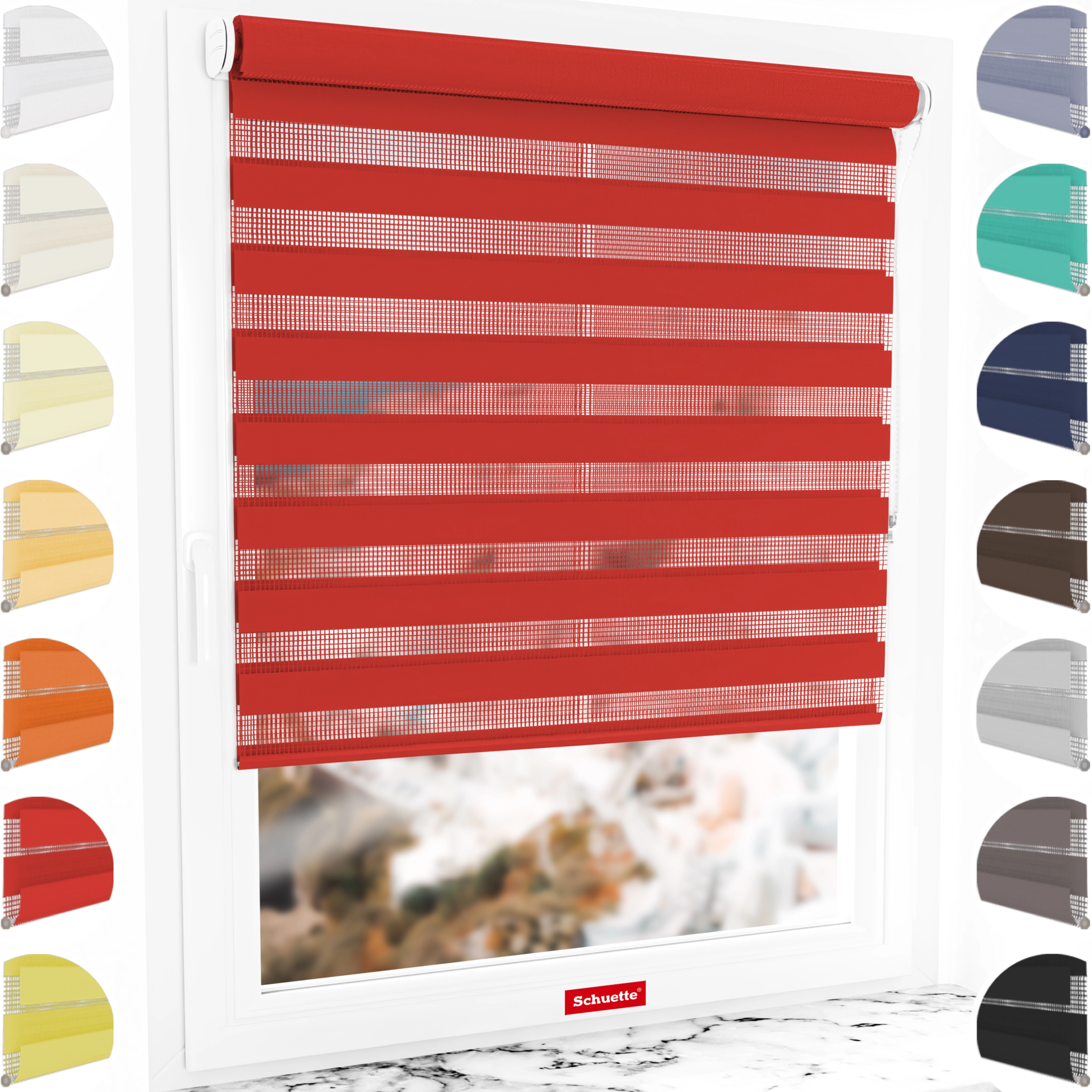 Schuette® Tag und Nacht Rollo ohne Bohren & mit Bohren 2in1 nach Maß • Doppelrollo Kollektion: Red Rose (Rot) • Profilfarbe: Braun