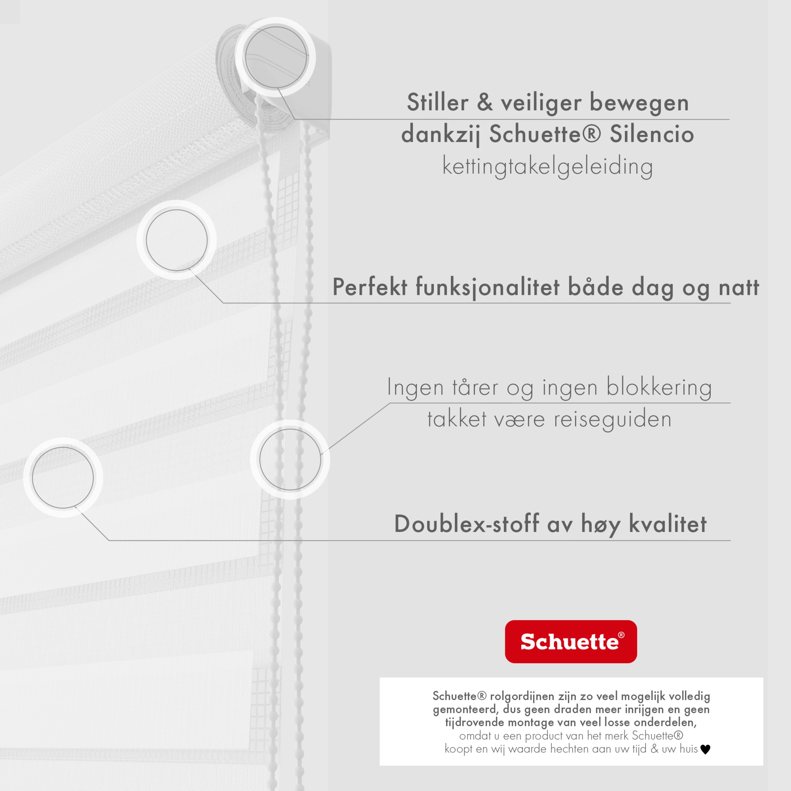 Schuette® Tag und Nacht Rollo ohne Bohren & mit Bohren 2in1 nach Maß • Doppelrollo Kollektion: White Snow (Weiß) • Profilfarbe: Grau