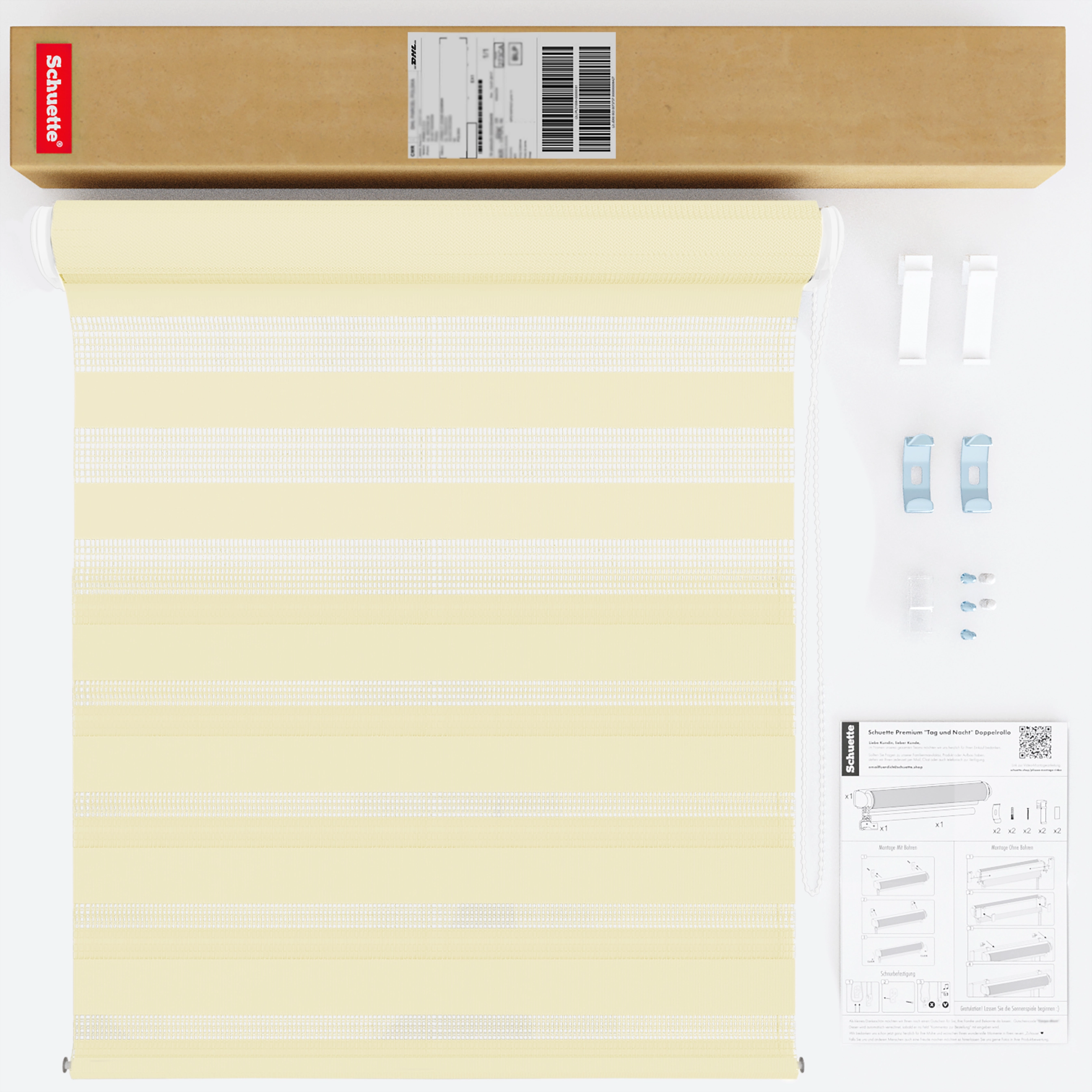 Schuette® Tag und Nacht Rollo ohne Bohren & mit Bohren 2in1 nach Maß • Doppelrollo Kollektion: Light Apricot (Beige) • Profilfarbe: Schwarz