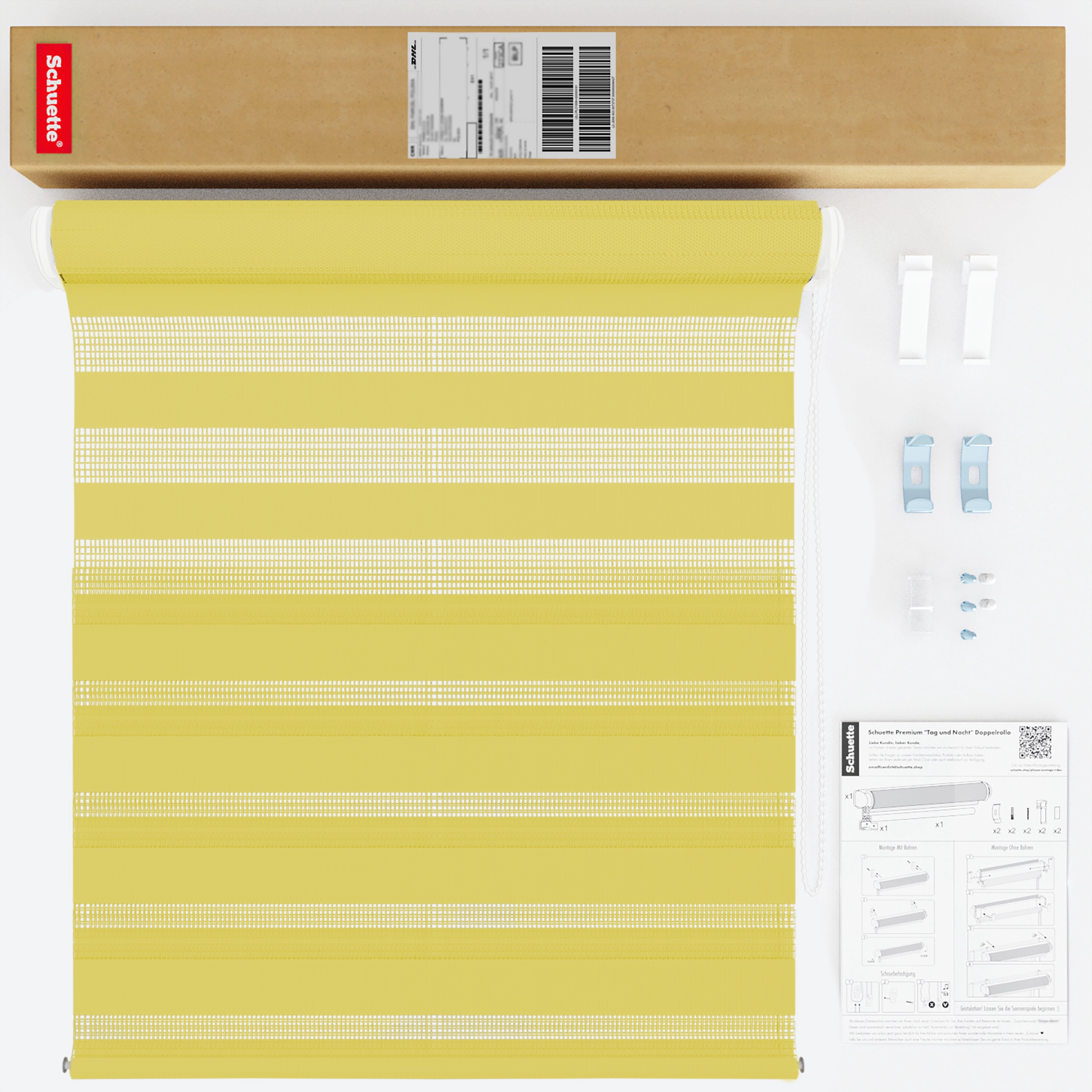 Schuette® Tag und Nacht Rollo ohne Bohren & mit Bohren 2in1 nach Maß • Doppelrollo Kollektion: Sour Lime (Gelb) • Profilfarbe: Weiß