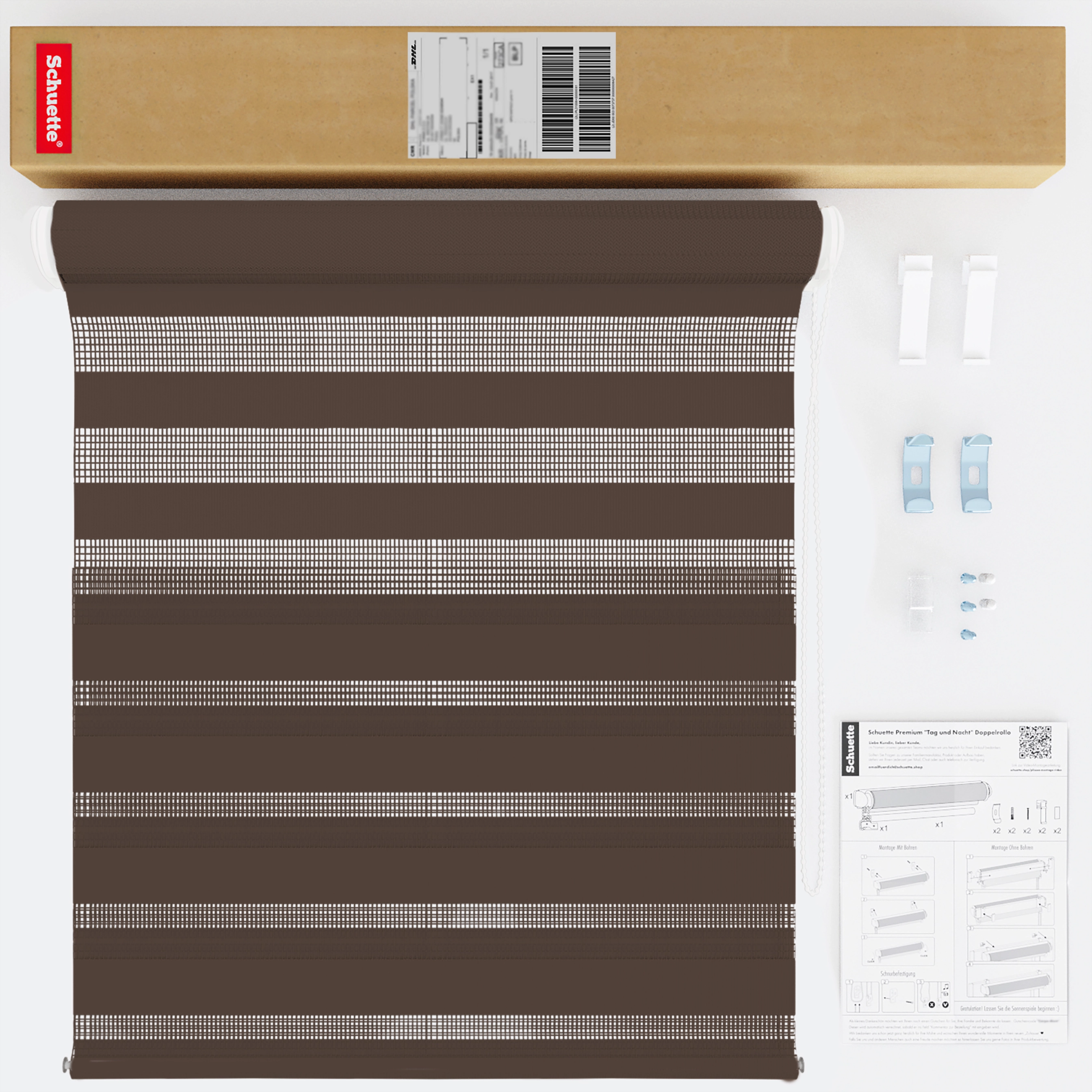 Schuette® Tag und Nacht Rollo ohne Bohren & mit Bohren 2in1 nach Maß • Doppelrollo Kollektion: Dark Cocoa (Braun) • Profilfarbe: Grau