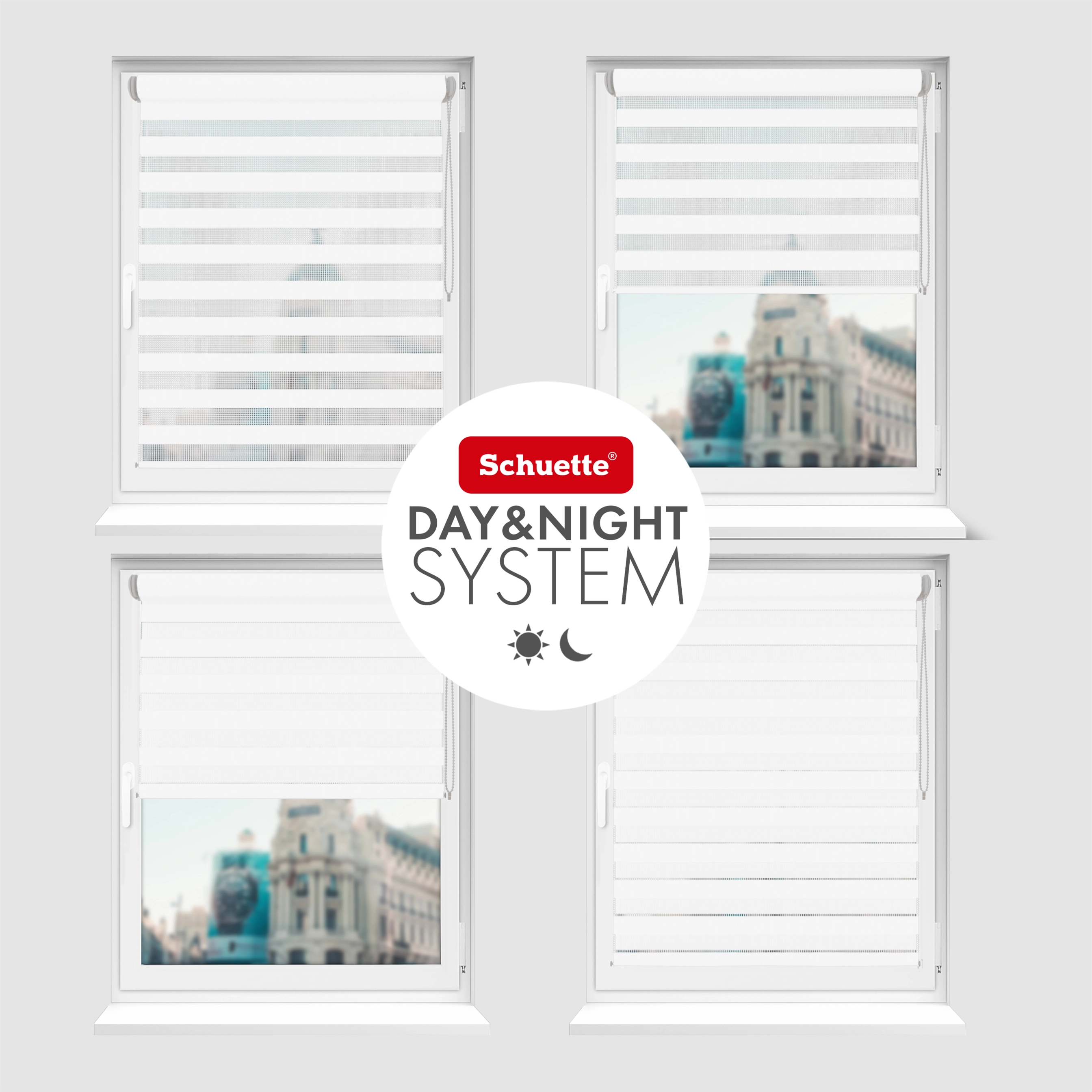 Schuette® Tag und Nacht Rollo ohne Bohren & mit Bohren 2in1 nach Maß • Doppelrollo Kollektion: White Snow (Weiß) • Profilfarbe: Weiß