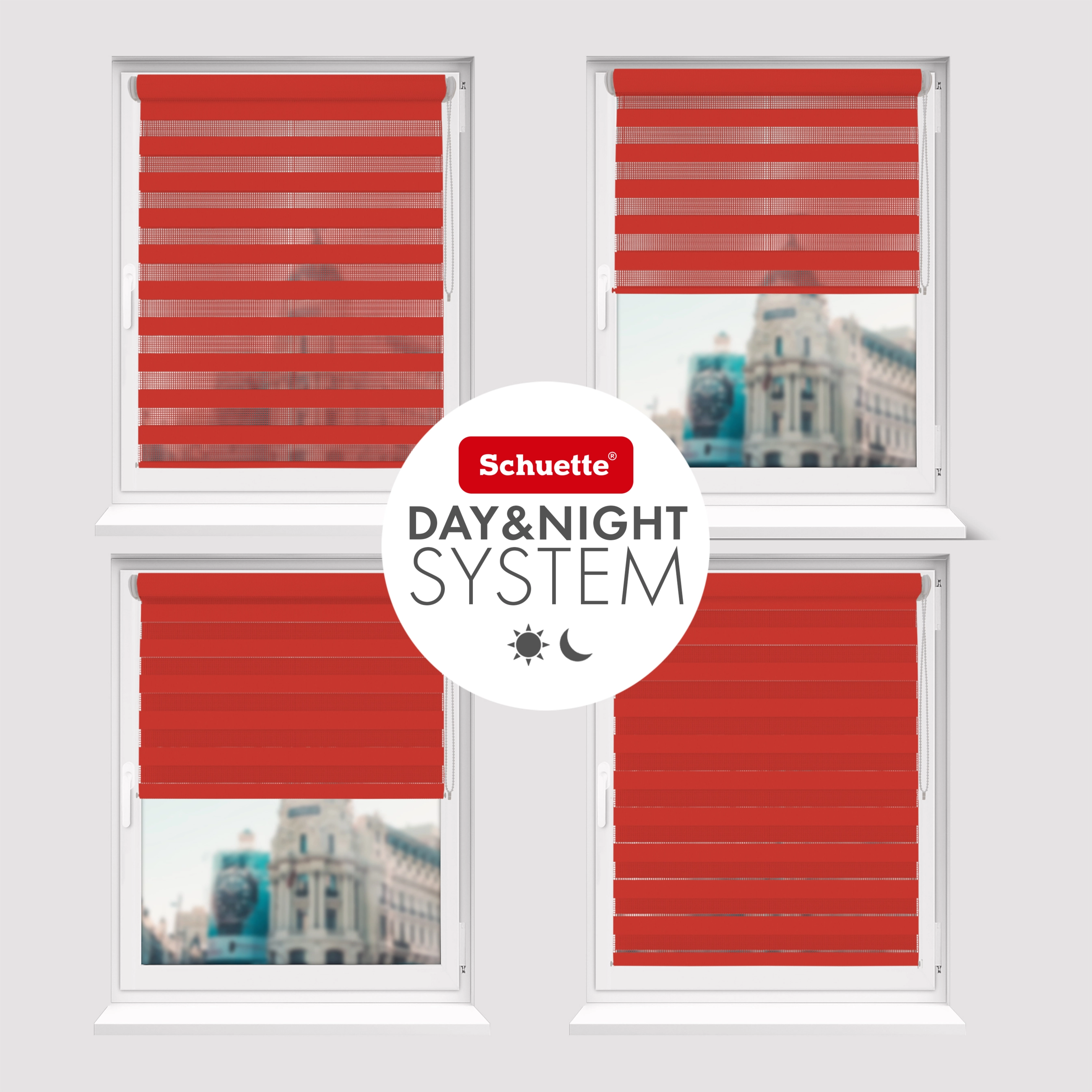 Schuette® Tag und Nacht Rollo ohne Bohren & mit Bohren 2in1 nach Maß • Doppelrollo Kollektion: Red Rose (Rot) • Profilfarbe: Braun