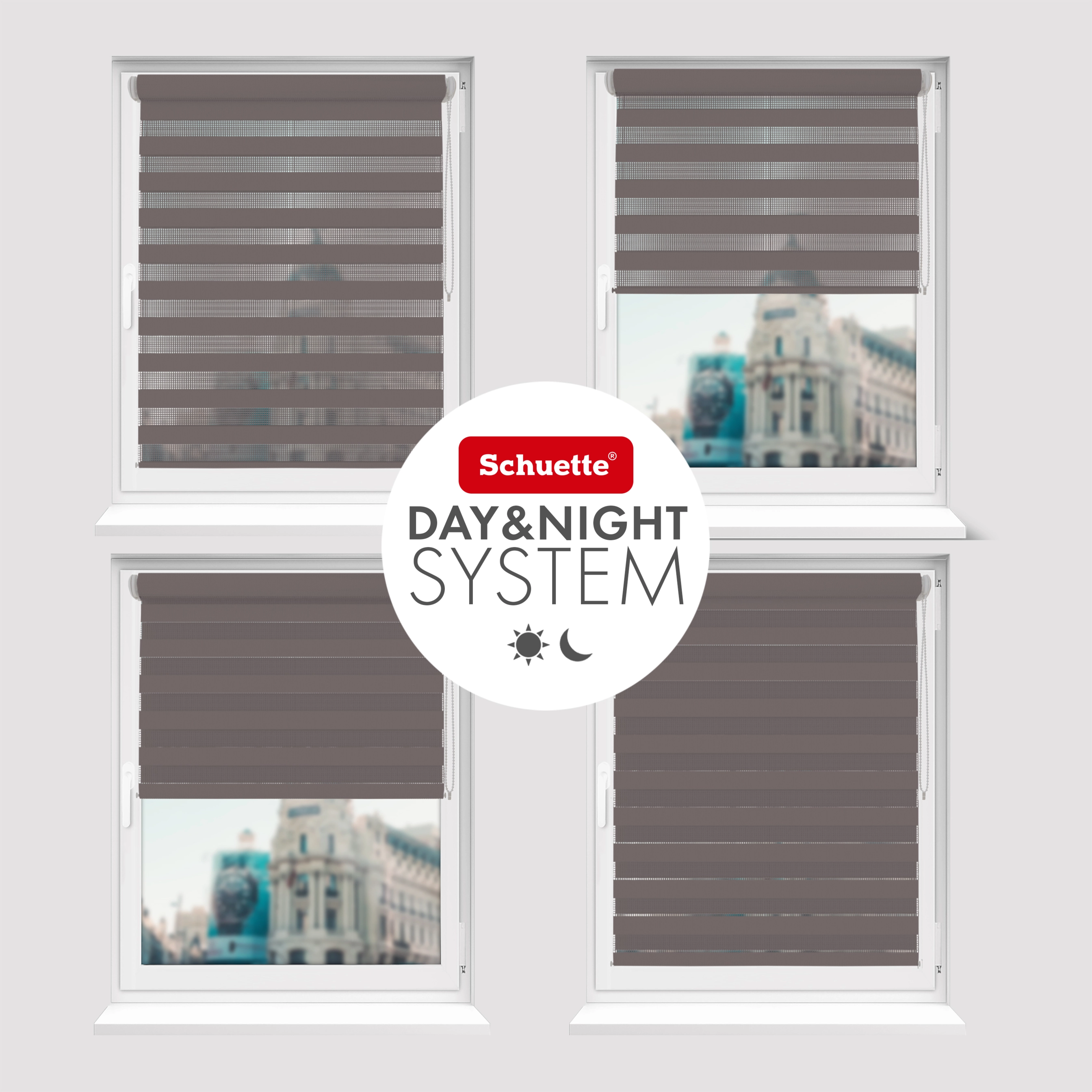 Schuette® Tag und Nacht Rollo ohne Bohren & mit Bohren 2in1 nach Maß • Doppelrollo Kollektion: Grey Lead (Grau) • Profilfarbe: Weiß