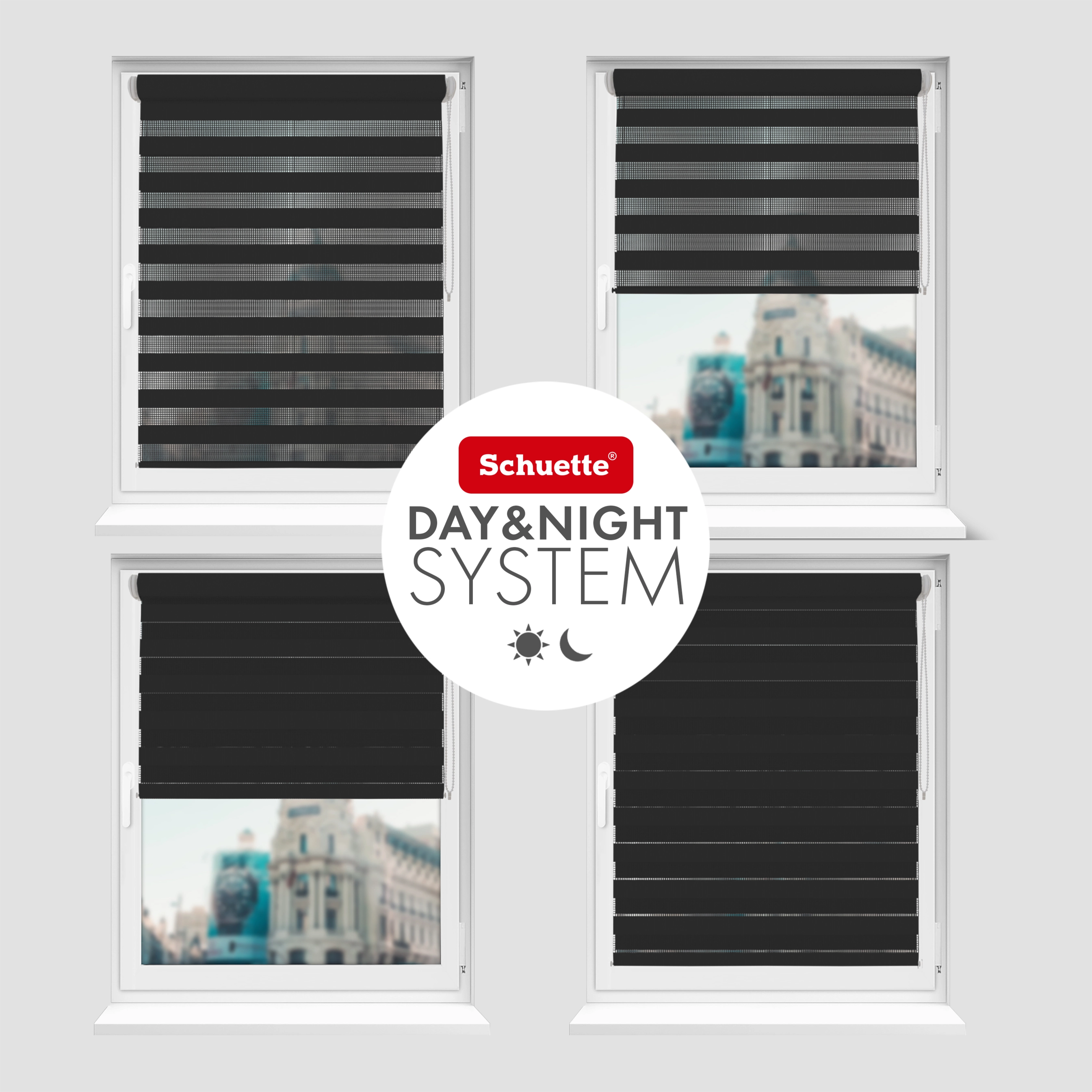 Schuette® Tag und Nacht Rollo ohne Bohren & mit Bohren 2in1 nach Maß • Doppelrollo Kollektion: Black Flag (Schwarz) • Profilfarbe: Weiß