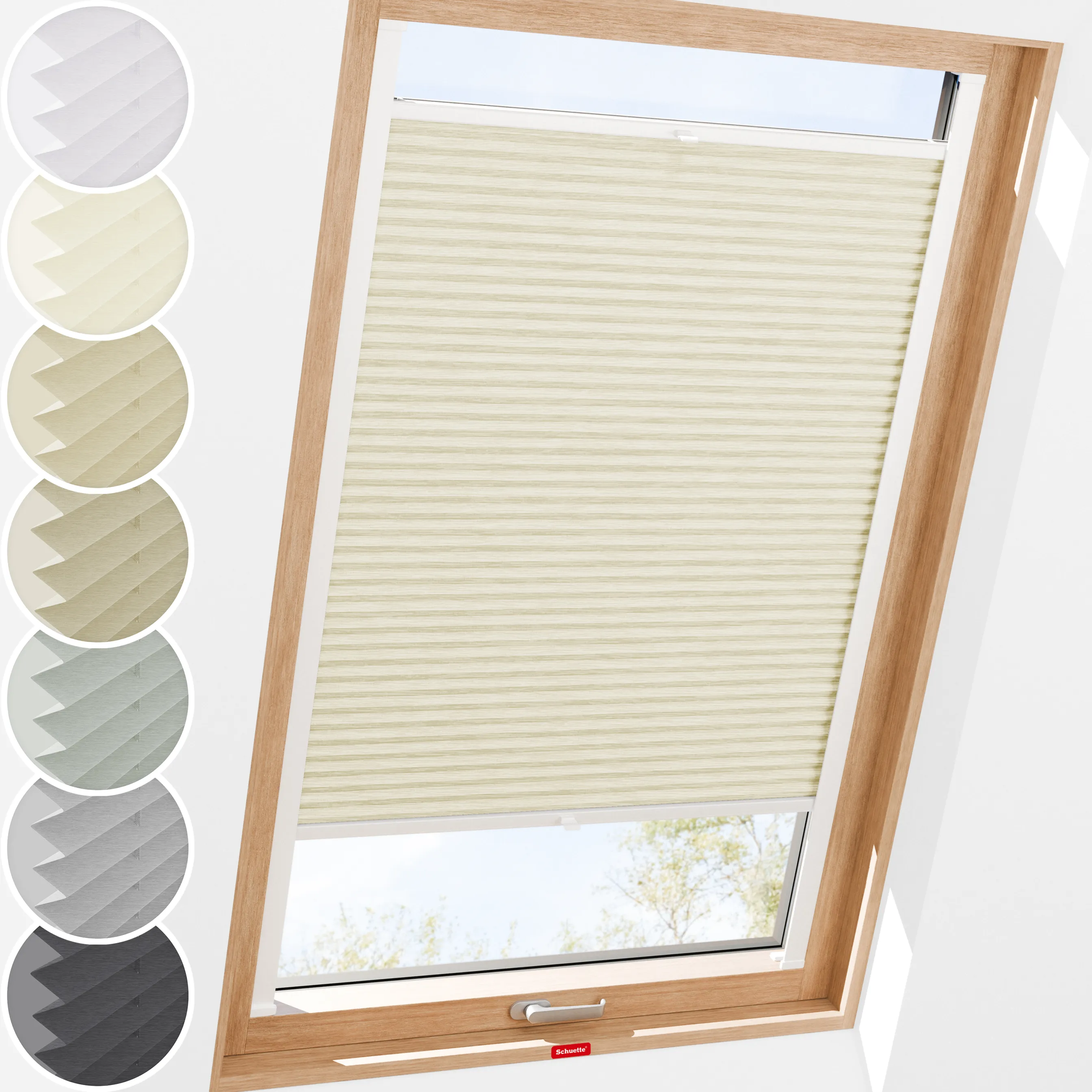 Schuette® Dachfenster Plissee nach Maß • Dolomite Kollektion: Wet Stand (Beige) • Profilfarbe: Eiche