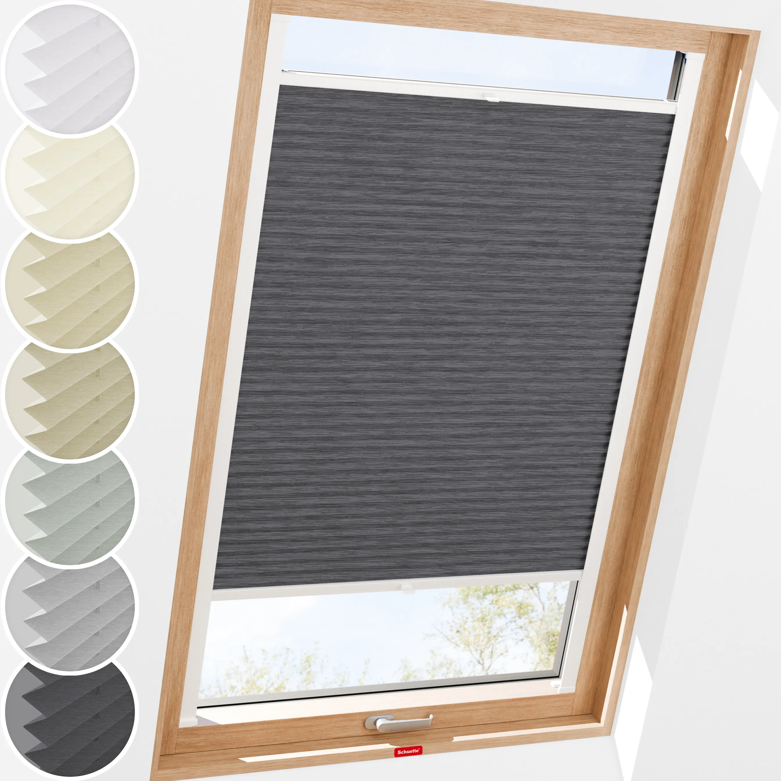 Schuette® Dachfenster Plissee nach Maß • Dolomite Kollektion: Dark Vintage (Grau) • Profilfarbe: Braun