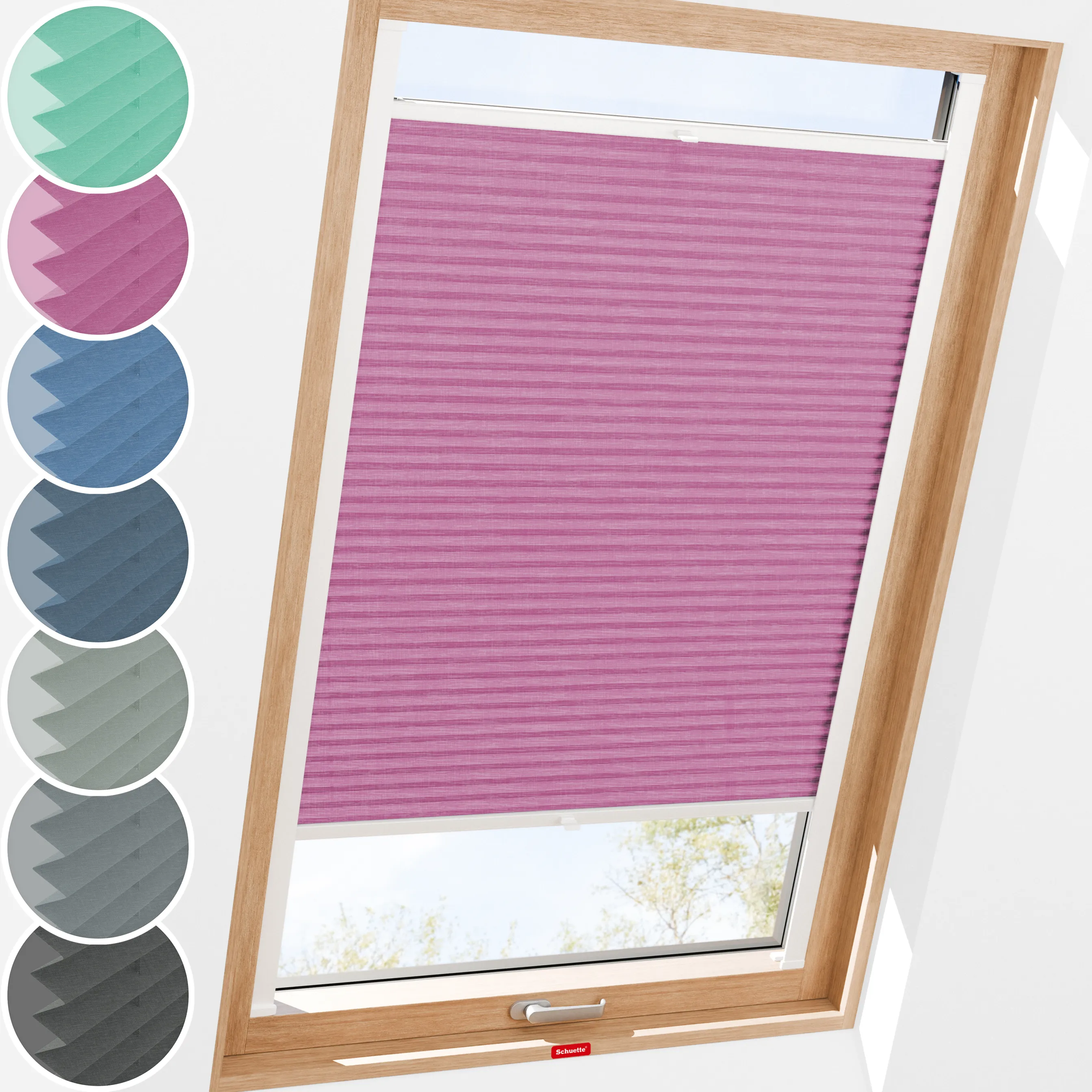Schuette® Dachfenster Plissee nach Maß • Melange Kollektion: Magic Pink (Rosa) • Profilfarbe: Eiche
