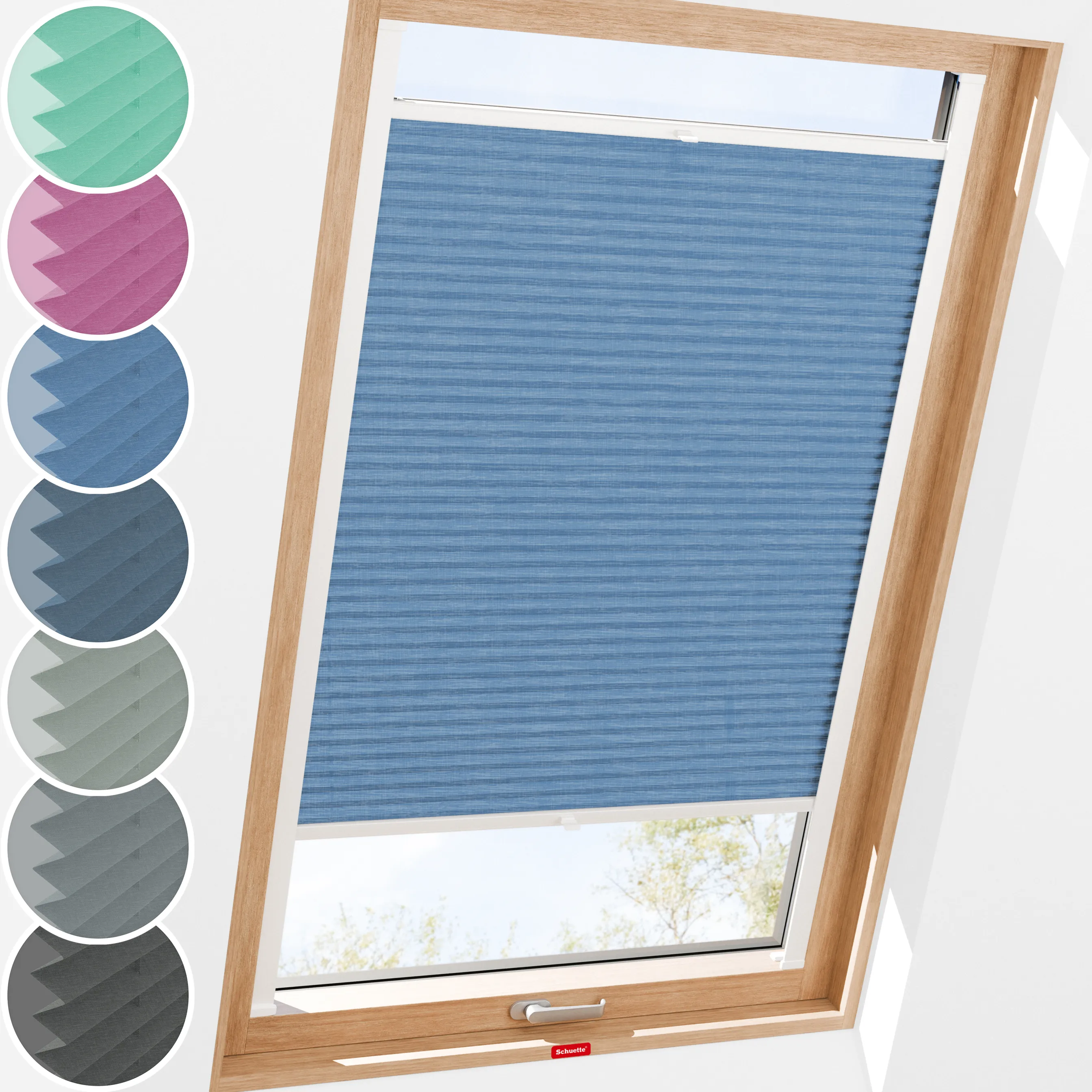 Schuette® Dachfenster Plissee nach Maß • Melange Kollektion: Deep Sea (Blau) • Profilfarbe: Eiche