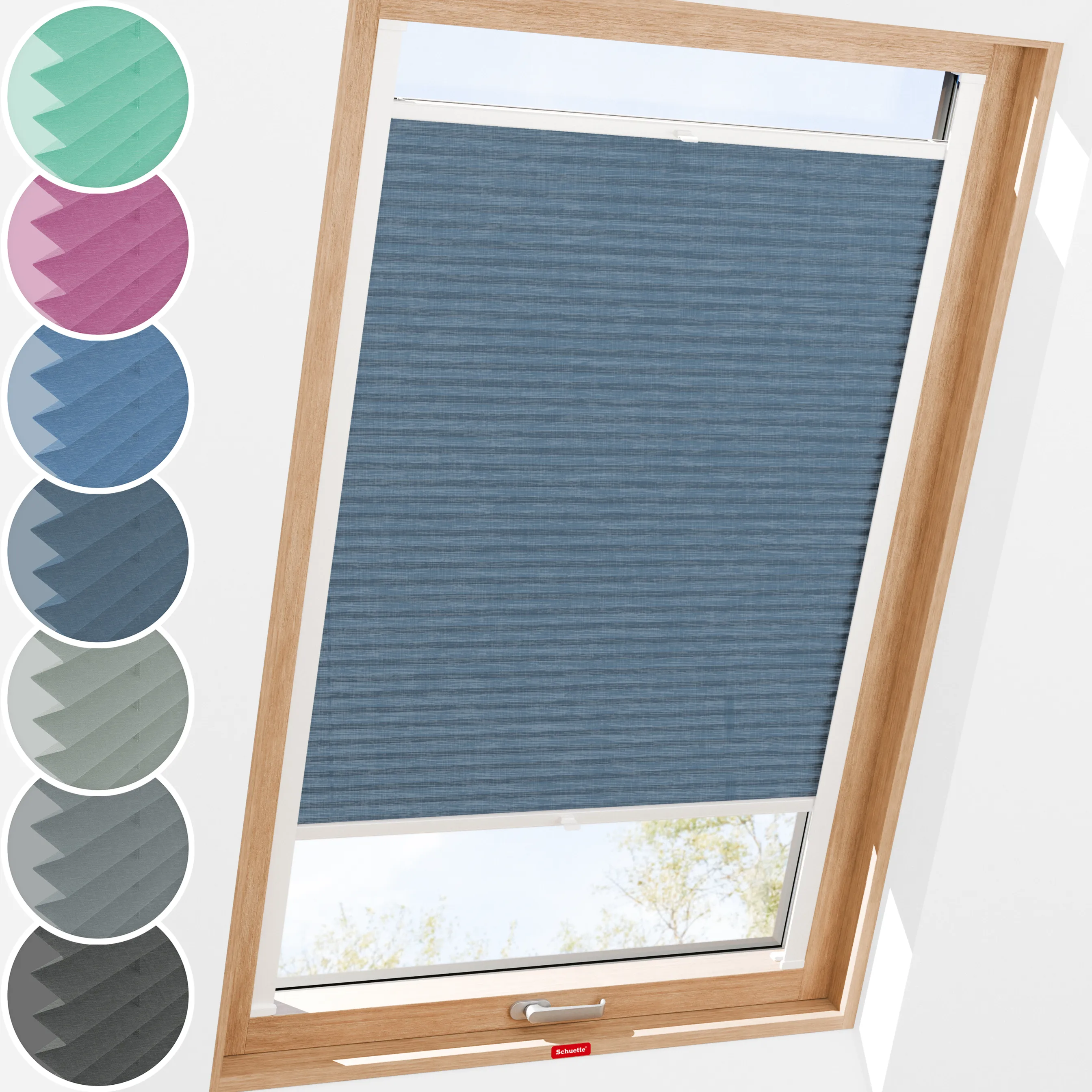 Schuette® Dachfenster Plissee nach Maß • Melange Kollektion: After Rain (Blau) • Profilfarbe: Walnuss