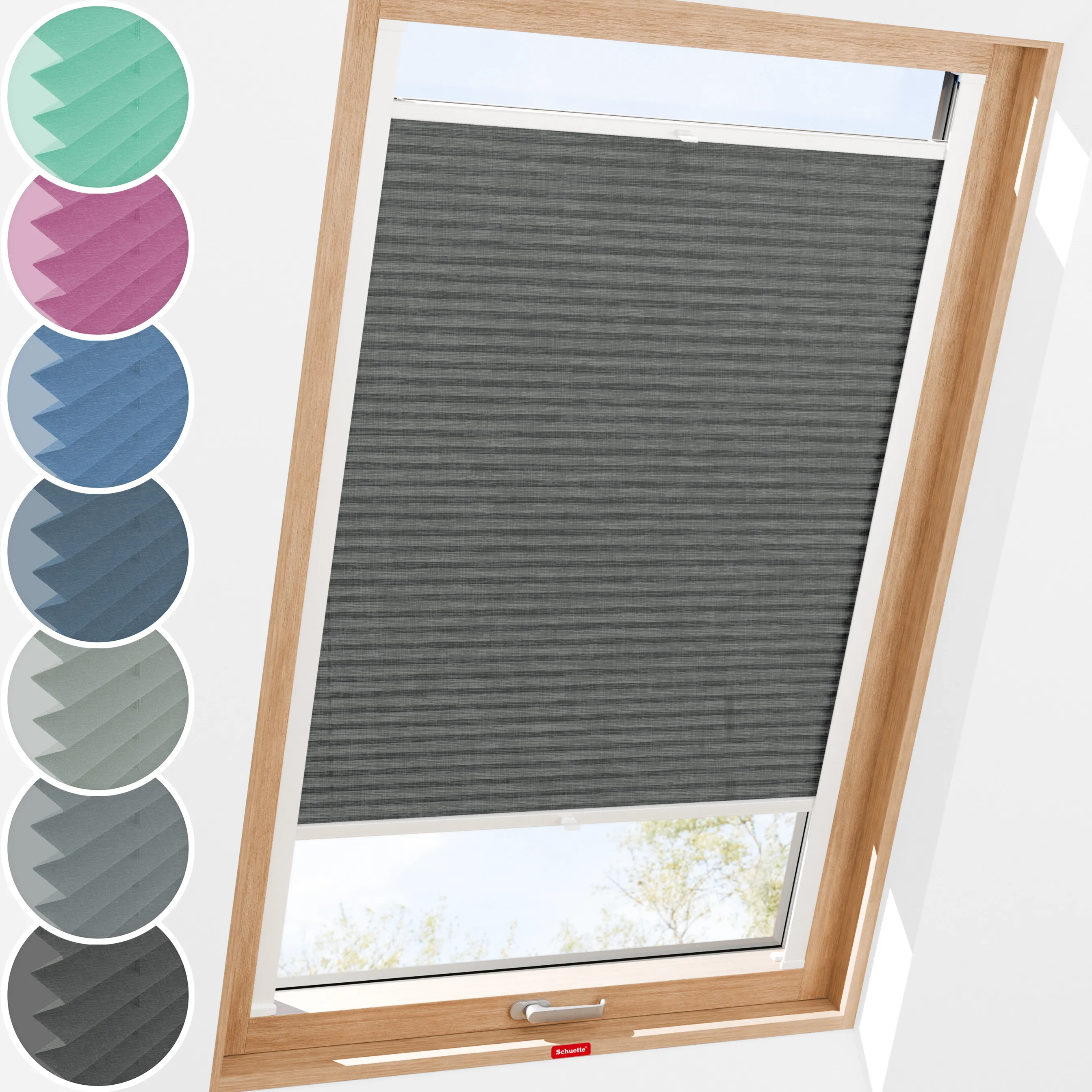 Schuette® Dachfenster Plissee nach Maß • Melange Kollektion: Black Pearl (Schwarz) • Profilfarbe: Eiche