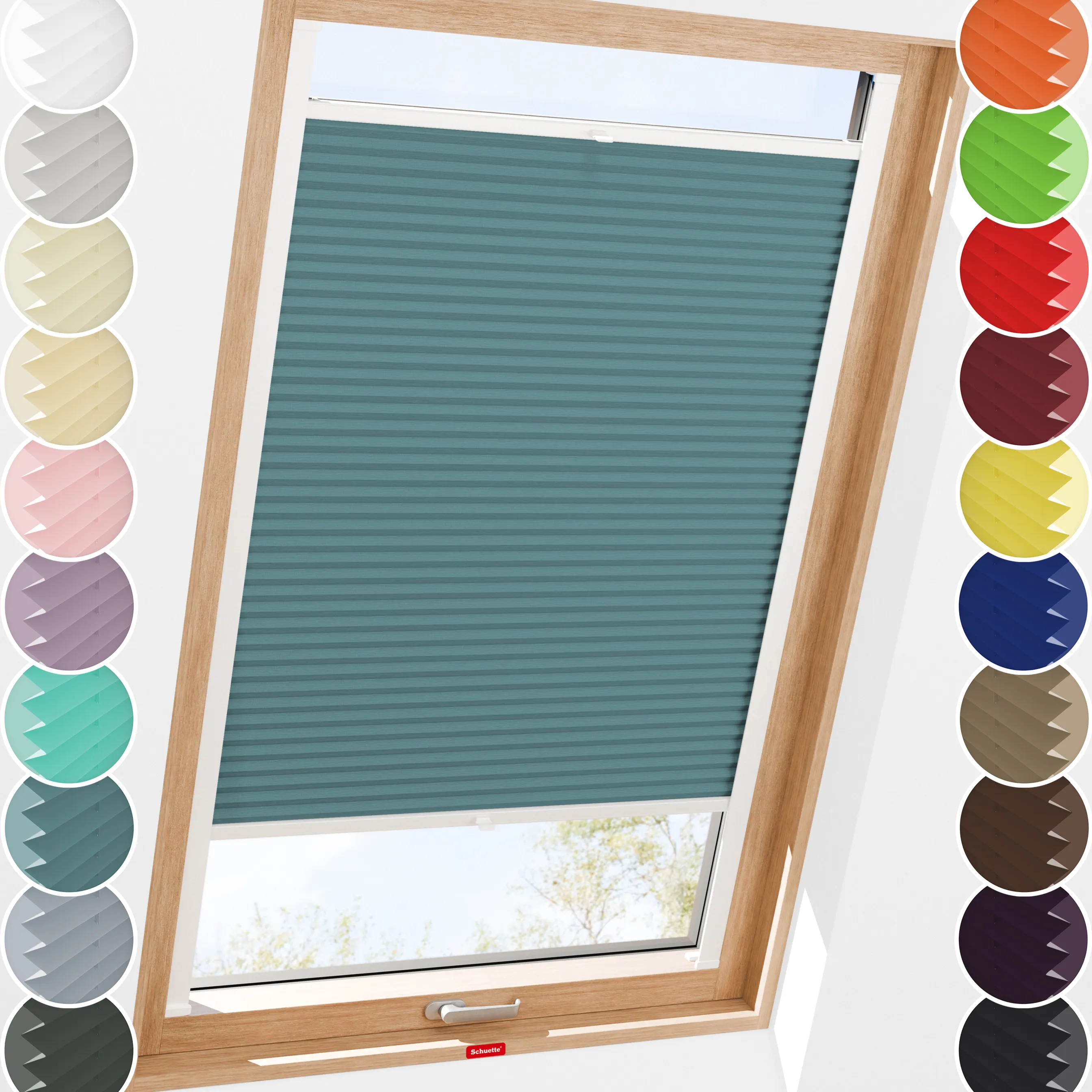 Schuette® Dachfenster Plissee nach Maß • Premium Kollektion: Cove Calm (Taubenblau) • Profilfarbe: Walnuss