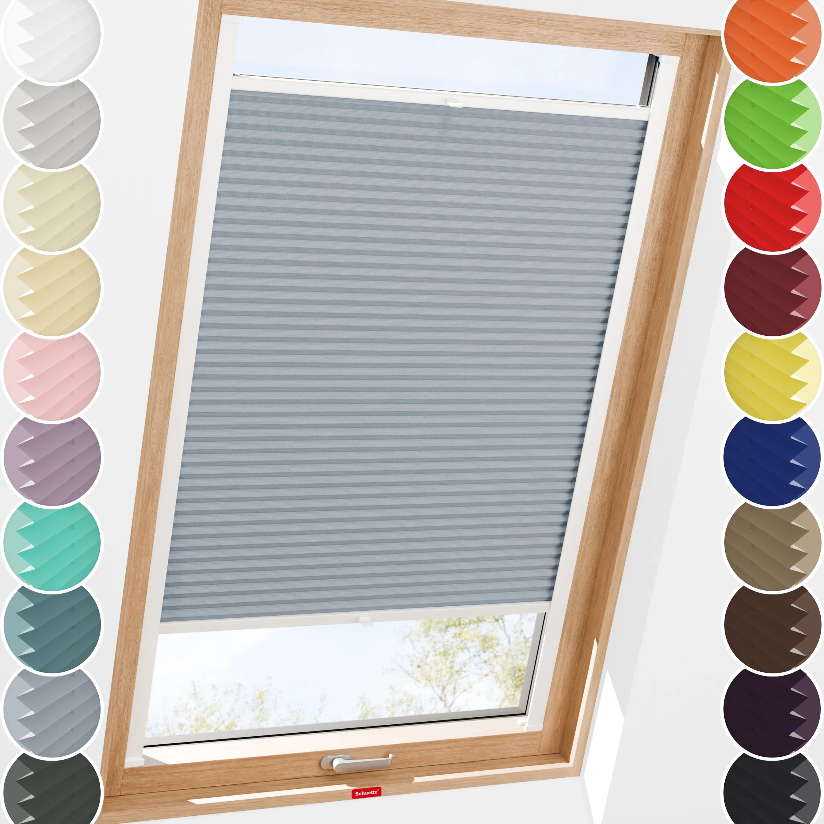Schuette® Dachfenster Plissee nach Maß • Premium Kollektion: Silver Sonata (Grau) • Profilfarbe: Walnuss