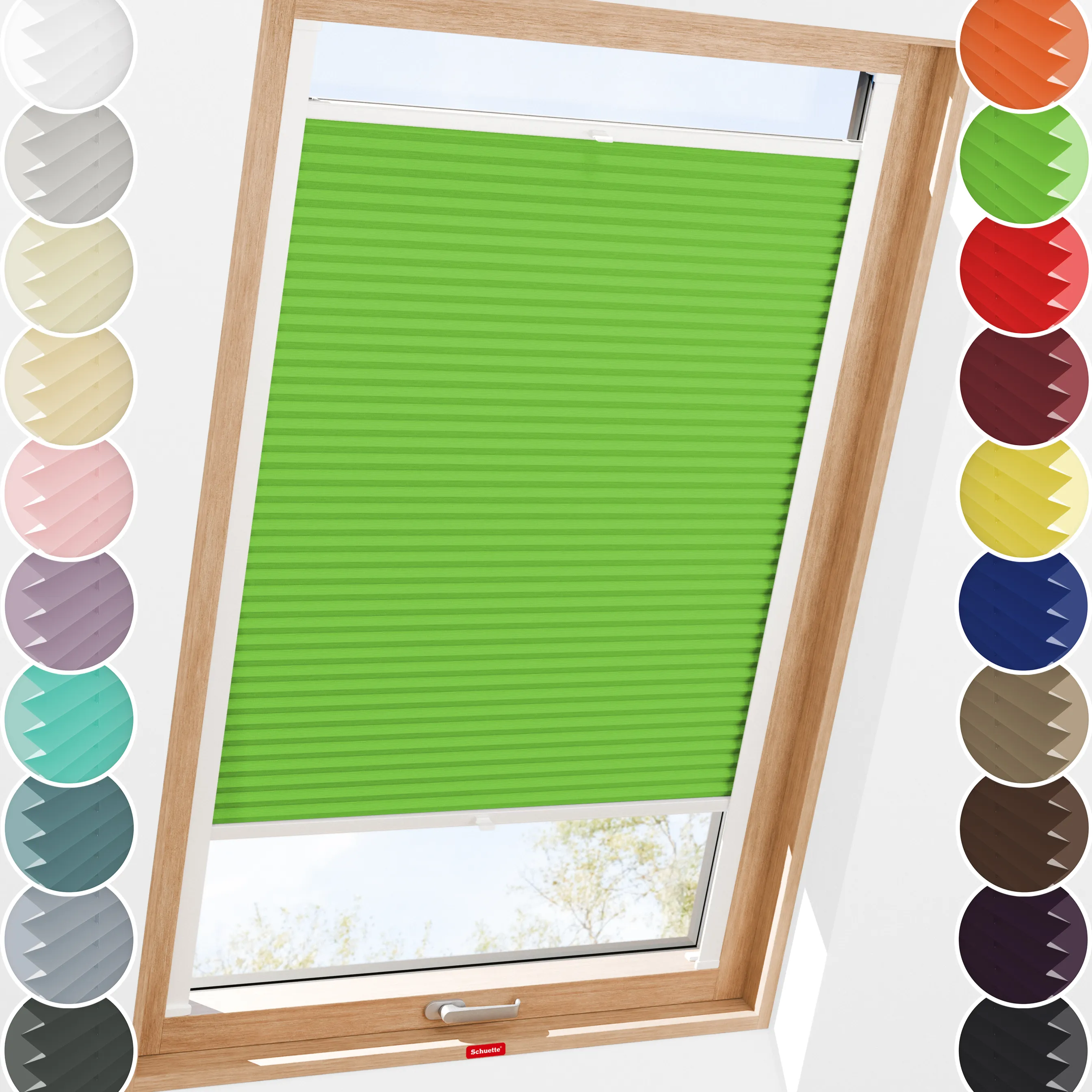 Schuette® Dachfenster Plissee nach Maß • Thermo Kollektion: Leaf Joy (Grün) • Profilfarbe: Eiche