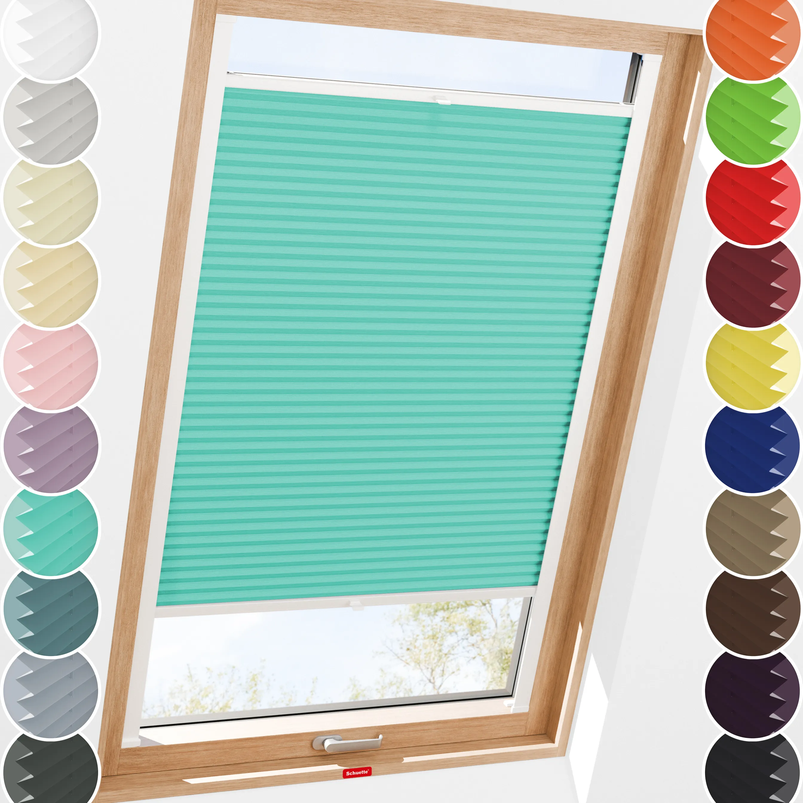 Schuette® Dachfenster Plissee nach Maß • Thermo Kollektion: Tide Tune (Türkis) • Profilfarbe: Braun