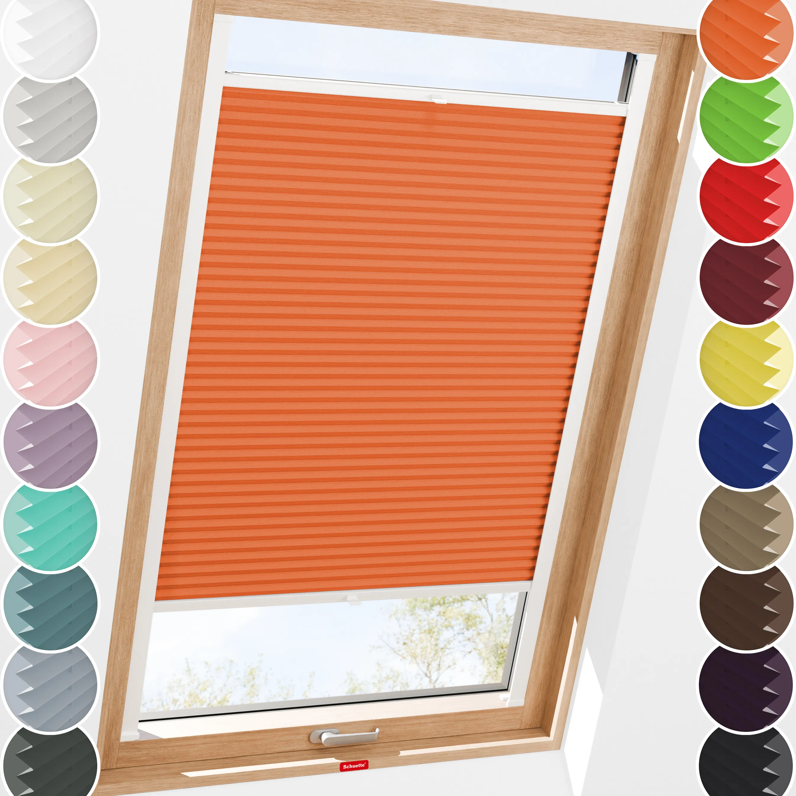 Schuette® Dachfenster Plissee nach Maß • Thermo Kollektion: Peach (Orange) • Profilfarbe: Eiche