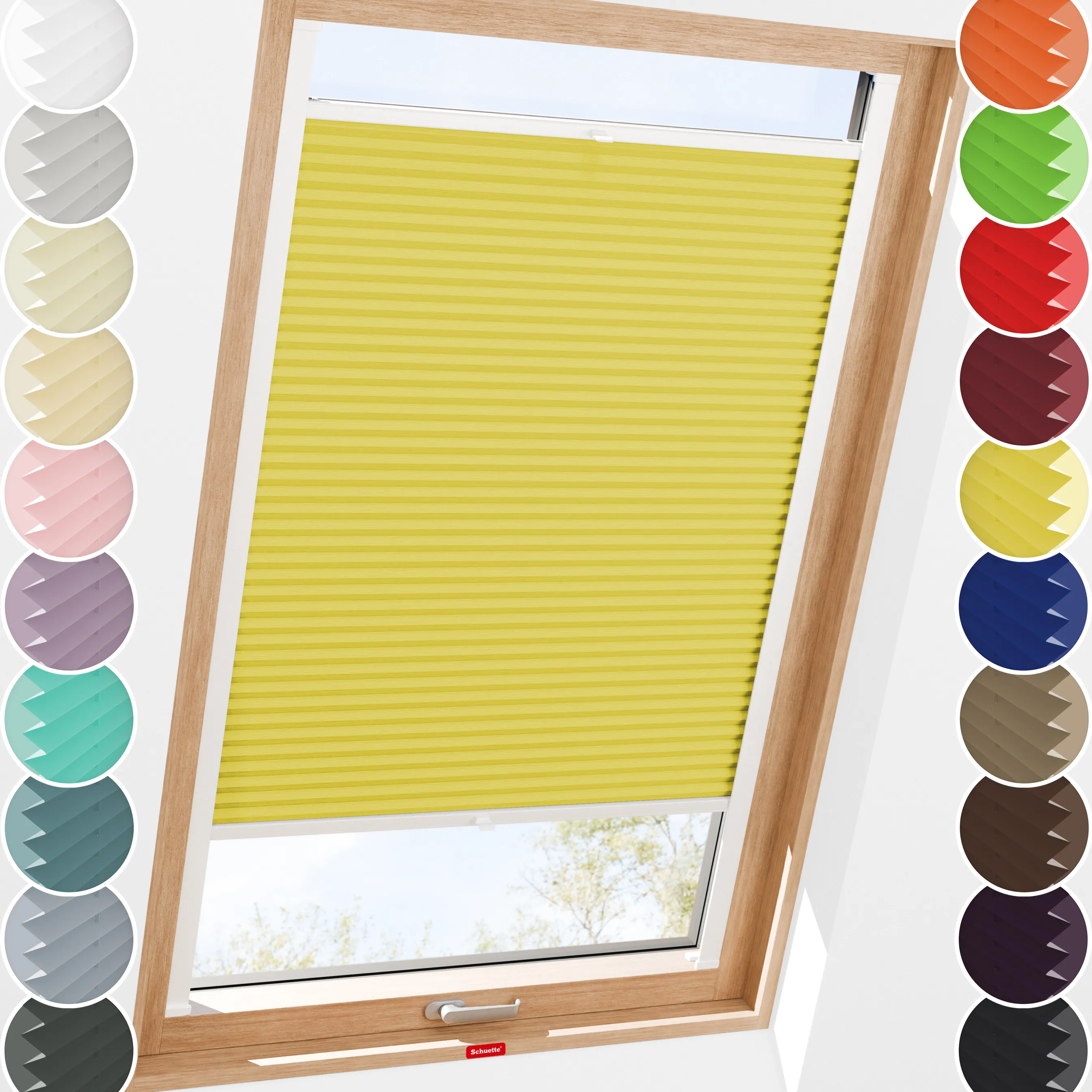Schuette® Dachfenster Plissee nach Maß • Thermo Kollektion: Sunflower (Gelb) • Profilfarbe: Walnuss