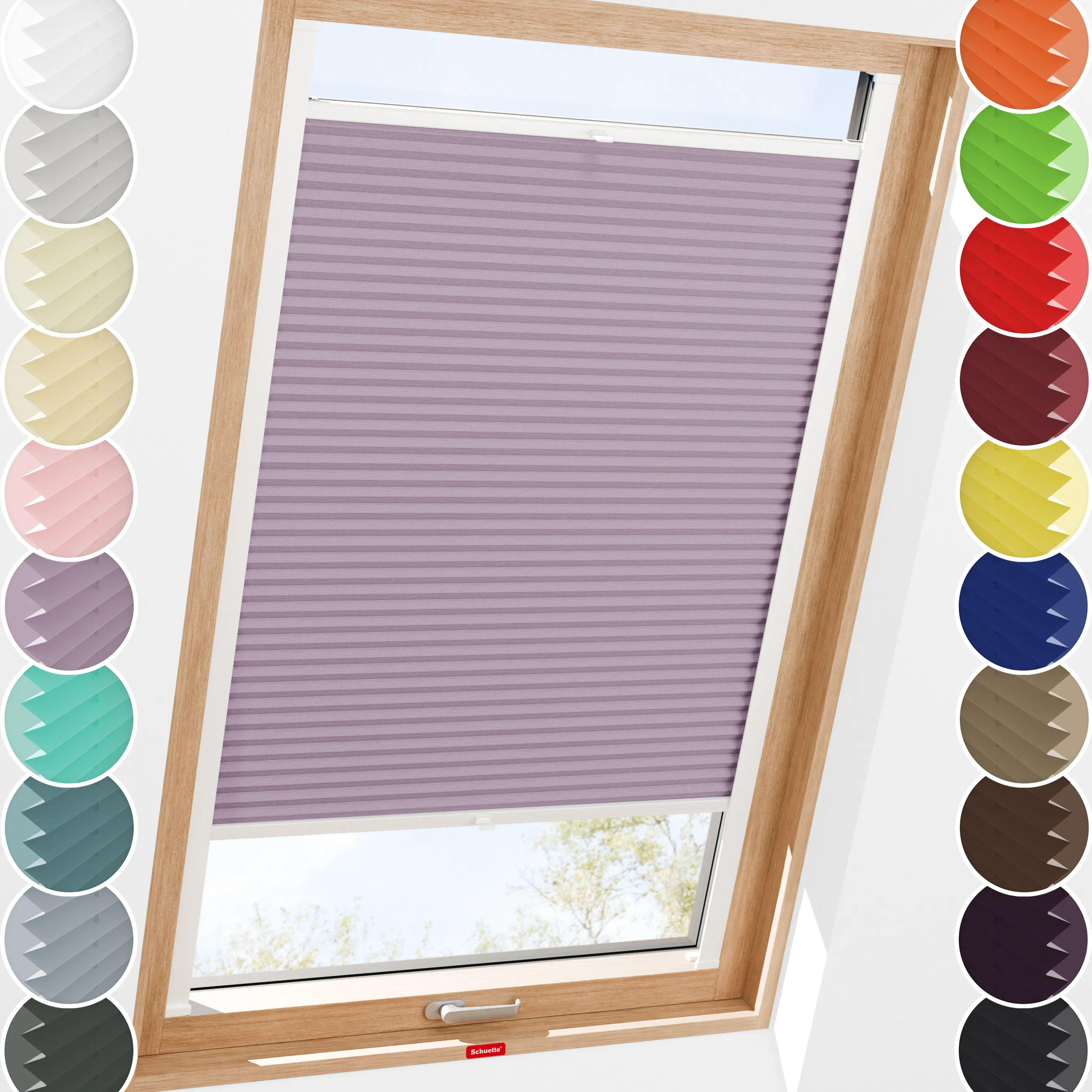 Schuette® Dachfenster Plissee nach Maß • Thermo Kollektion: Pastel Grape (lila) • Profilfarbe: Eiche