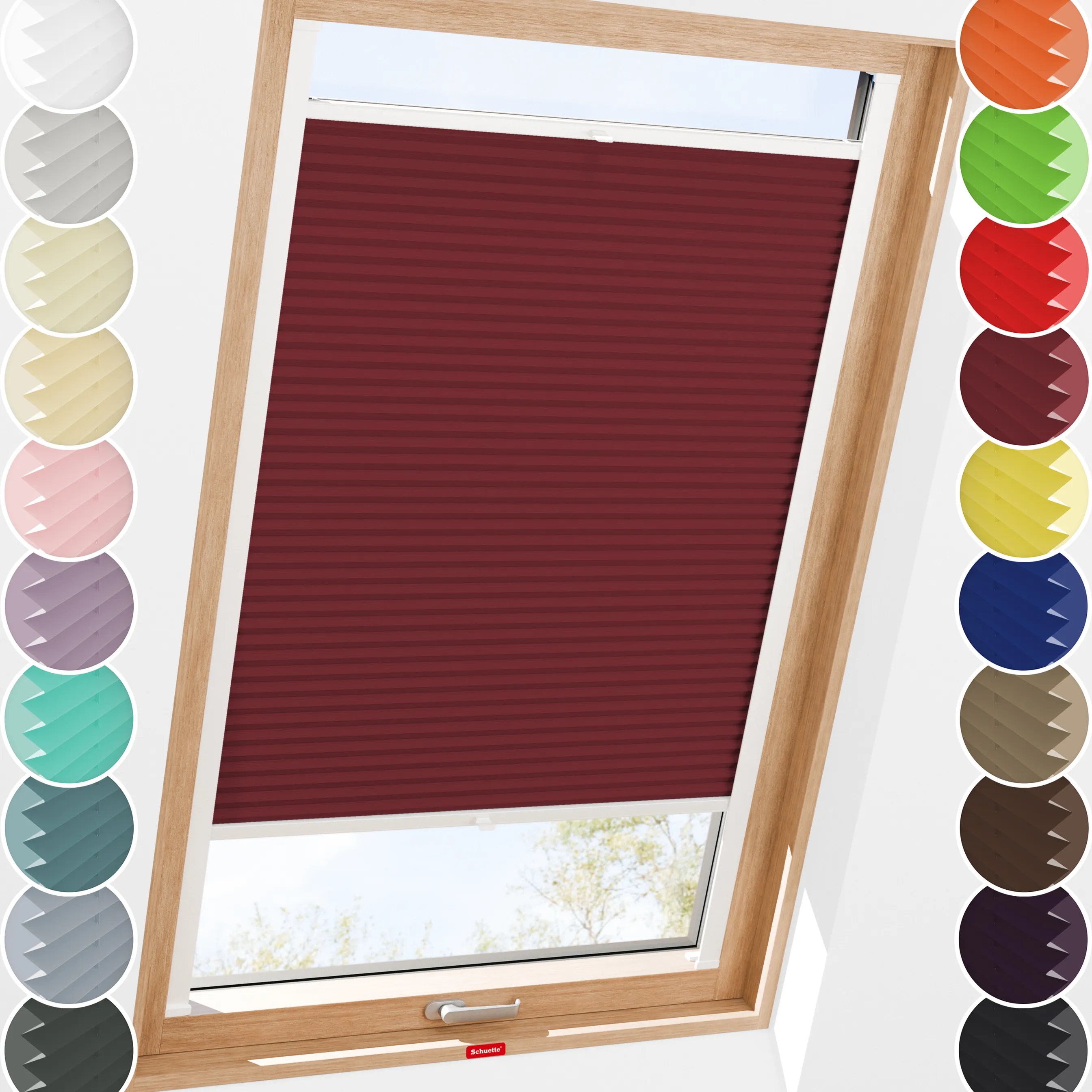 Schuette® Dachfenster Plissee nach Maß • Thermo Kollektion: Scarlet Wine (Rot) • Profilfarbe: Eiche